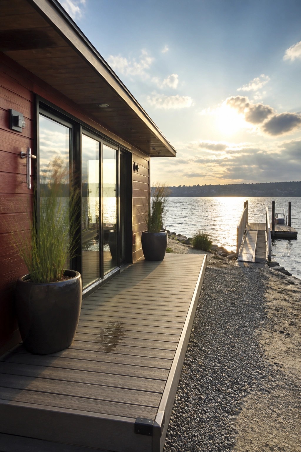 A modern house with red horizontal siding, black-framed sliding glass doors, a dark wood deck with two large planters, and a gravel path leading to a wooden dock on the water.