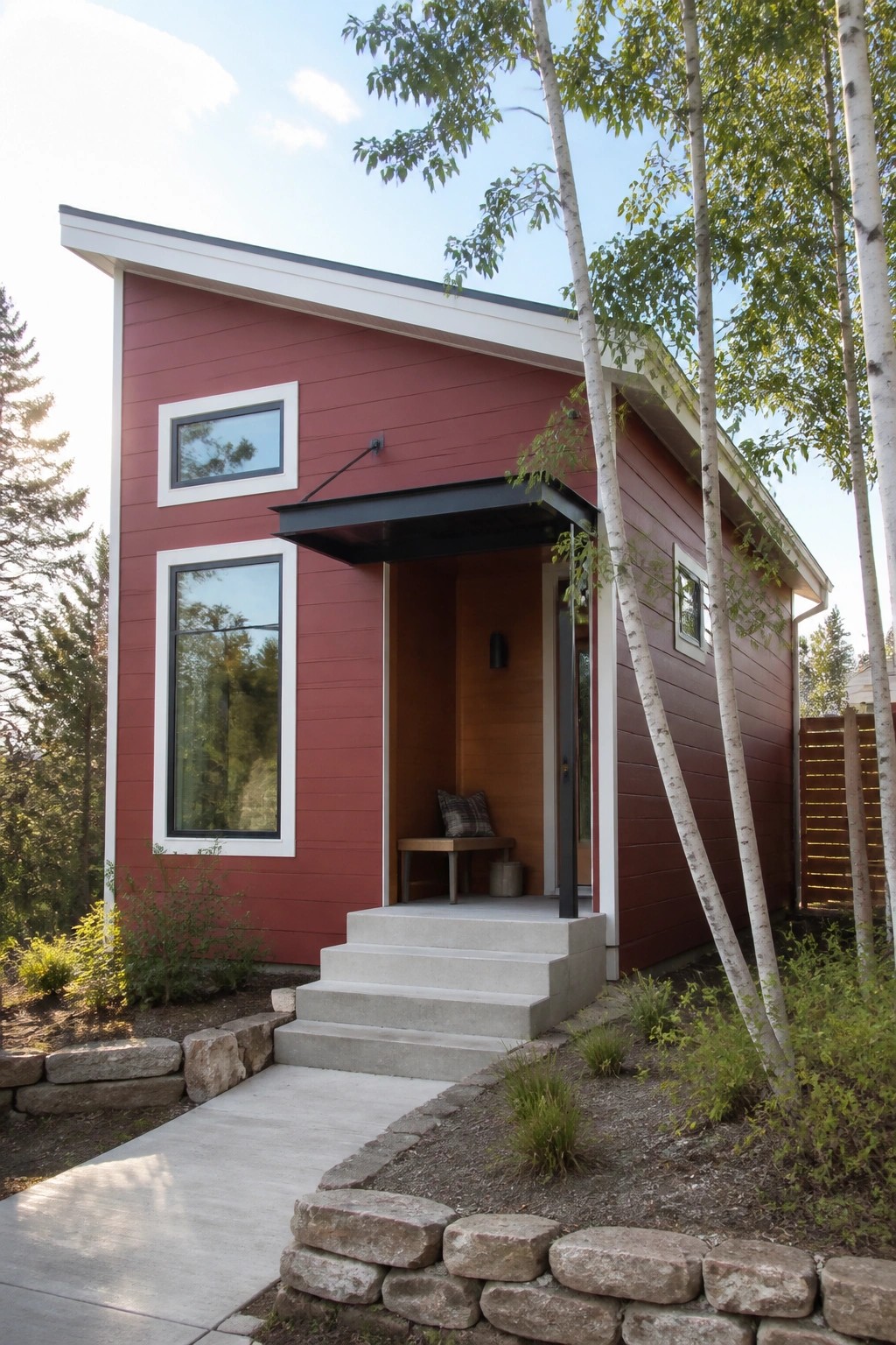 A two-story modern house with red horizontal siding, white window trim, concrete steps, and a small covered entry.