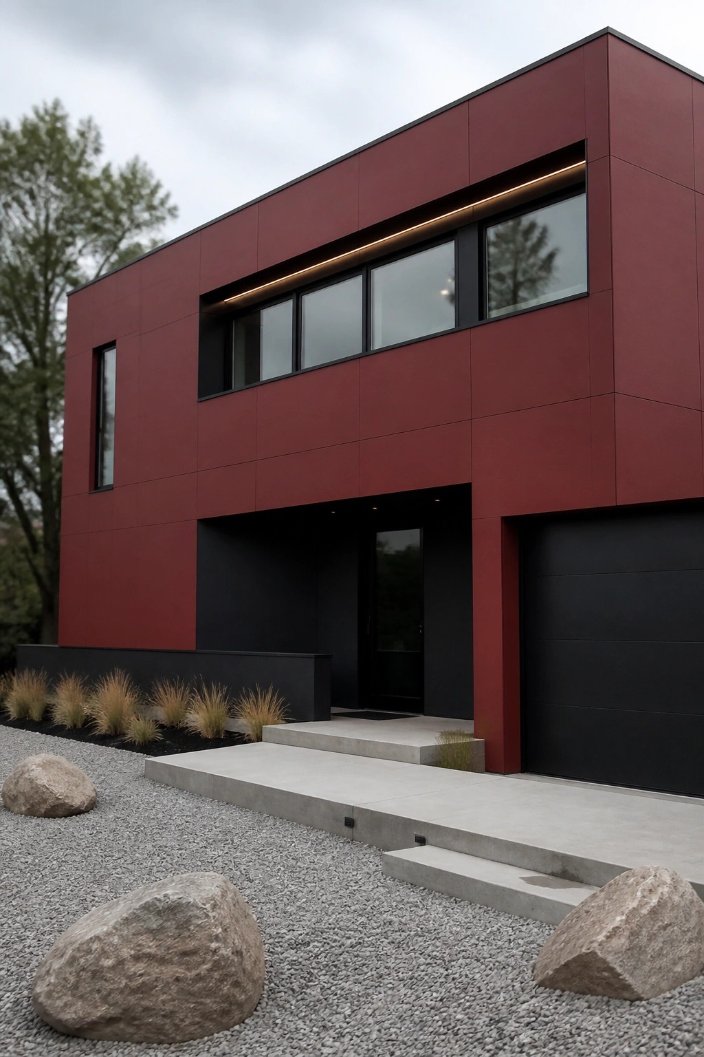 A modern two-story house with solid red siding, black entry and garage door, a long horizontal window band, and gravel landscaping with large rocks.