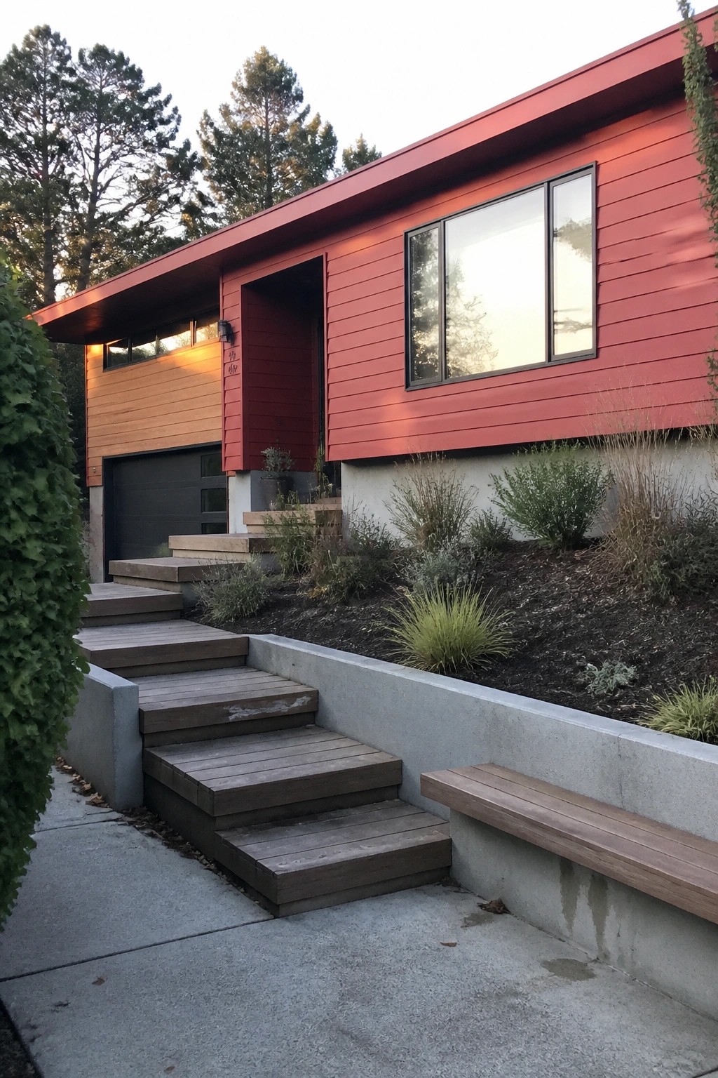 A modern house with red horizontal siding, large windows, and wooden stairs leading to the entry.
