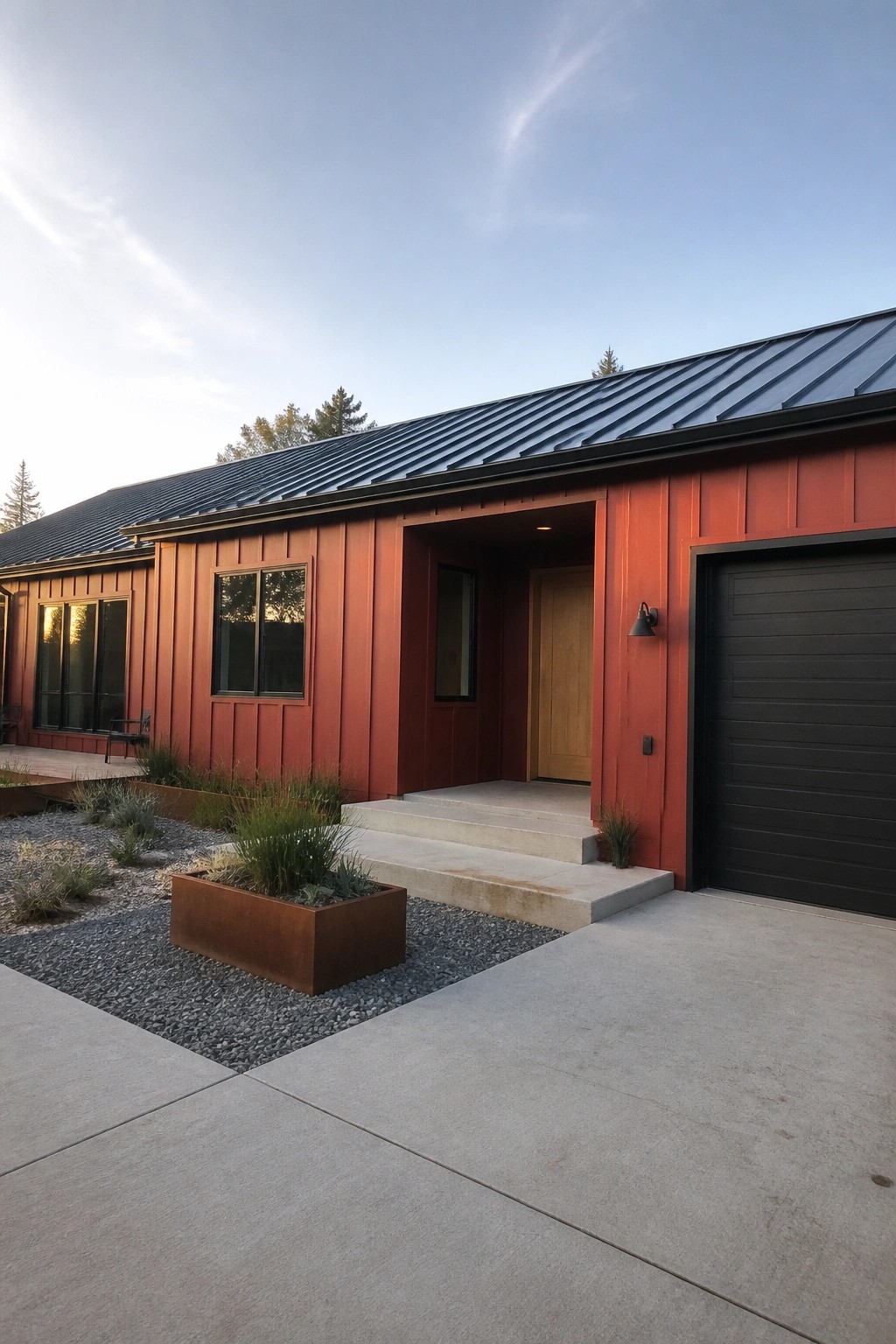 Modern red house with dark metal roof, black garage door, and concrete steps