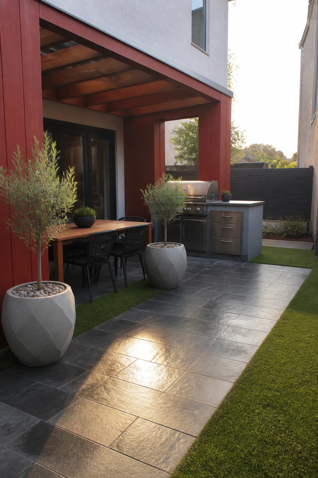 A modern outdoor patio with a dining table, black chairs, a stainless steel grill on a gray island, and two large concrete planters with trees, set against red house siding and dark tile flooring.