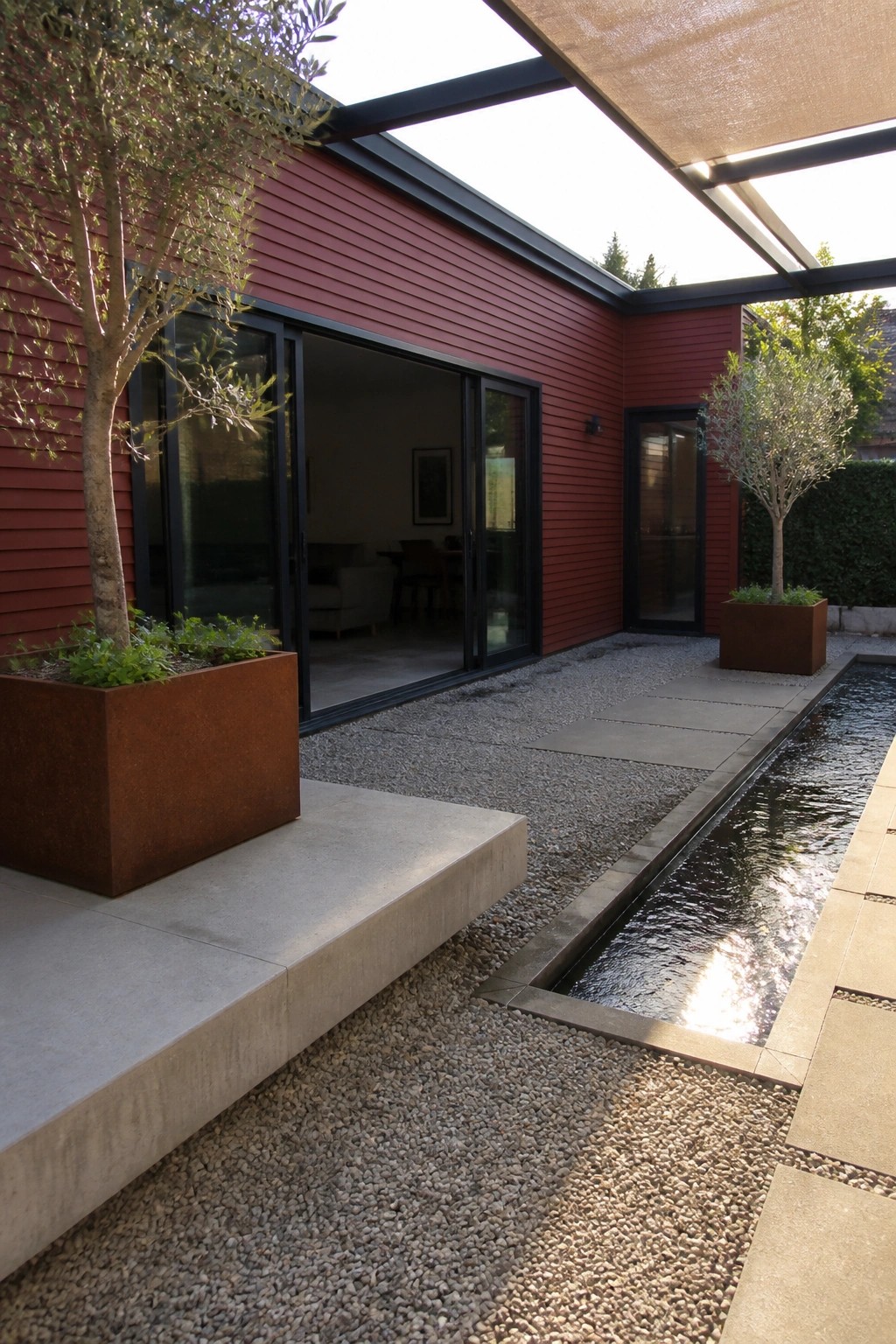 Modern house exterior with horizontal red siding, black-framed sliding glass doors, gravel courtyard, narrow water channel, and large square metal planters.