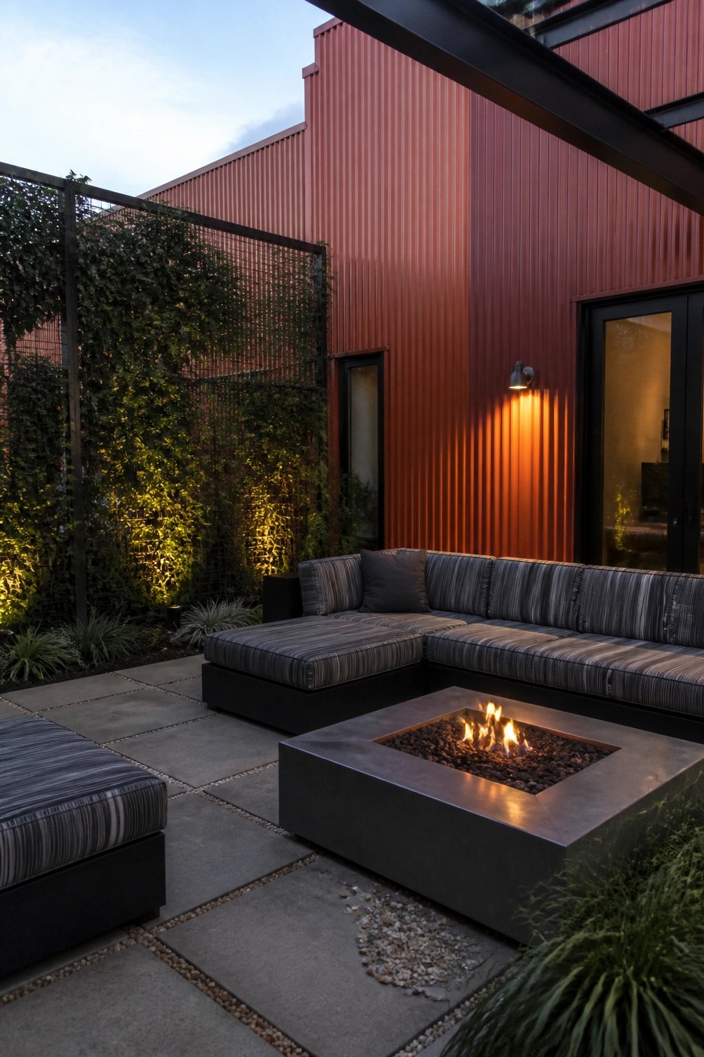 A square concrete fire pit sits in front of a striped sectional sofa on a stone patio, with red corrugated metal siding and a planted living wall in the background.