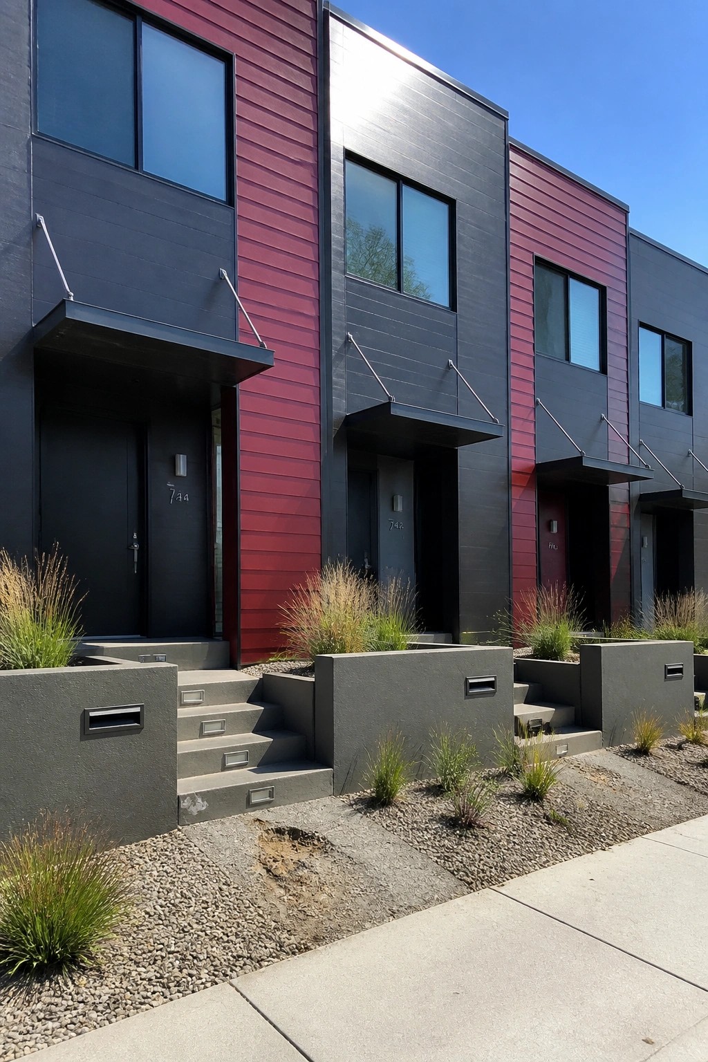 Modern multi-unit homes featuring sections of red and dark gray siding, black doors, and concrete steps with small plantings in front.