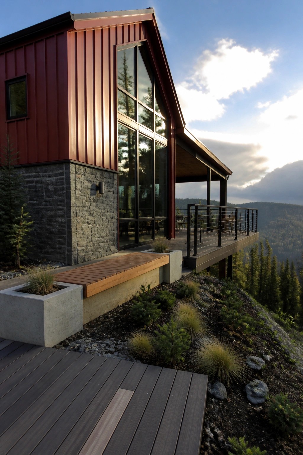 A modern house features vertical red metal siding on the upper walls and a gray stone base, with large windows, a wooden deck, and a hillside view of trees.
