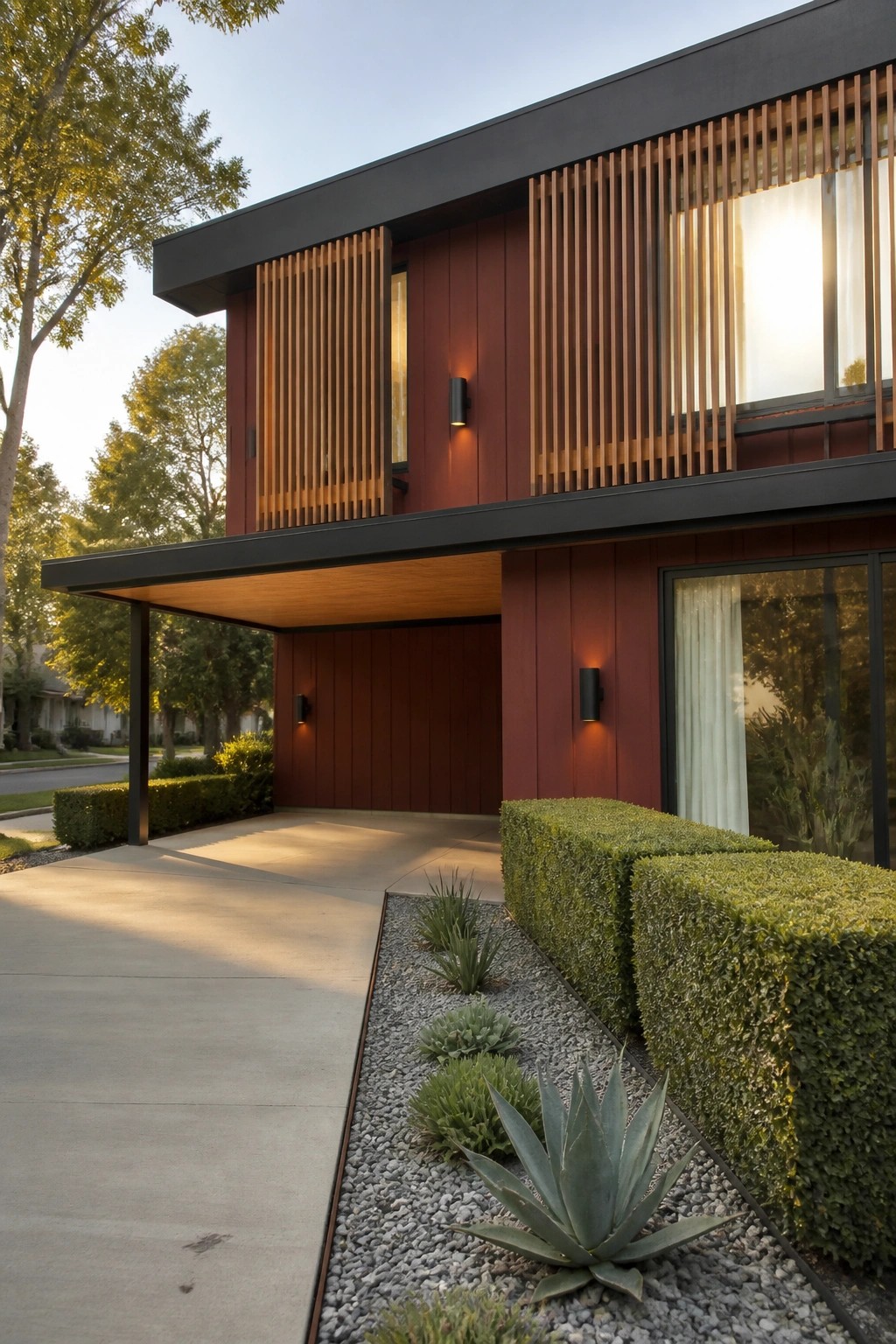 Modern two-story house with red vertical siding, black trim, and vertical wood slats on the upper facade above a covered driveway.