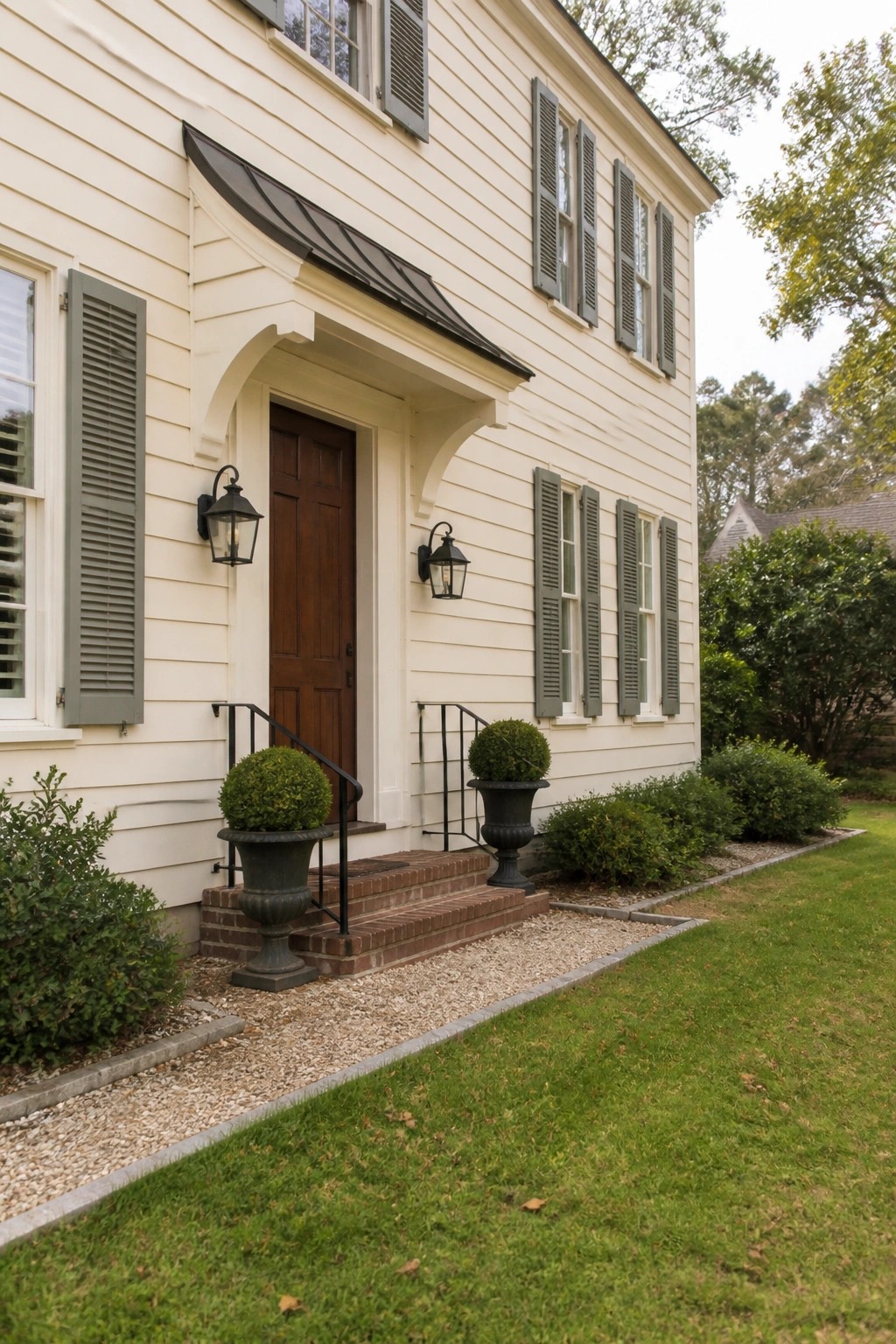 Creamy white siding on a traditional house exterior with red brick steps and a dark wood door.