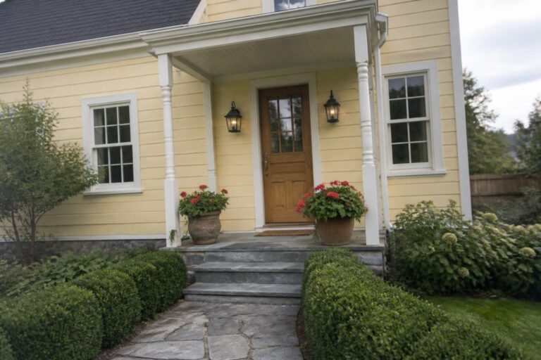 20 Warm Exterior House Colors That Brighten North-Facing Homes Yellow house with white porch, wooden door, red flower pots, stone path
