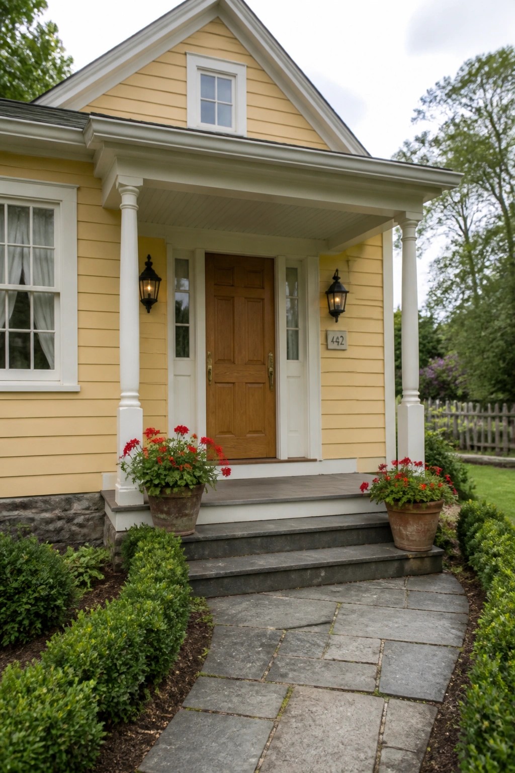 Yellow house with white porch, wooden door, red flower pots, stone path
