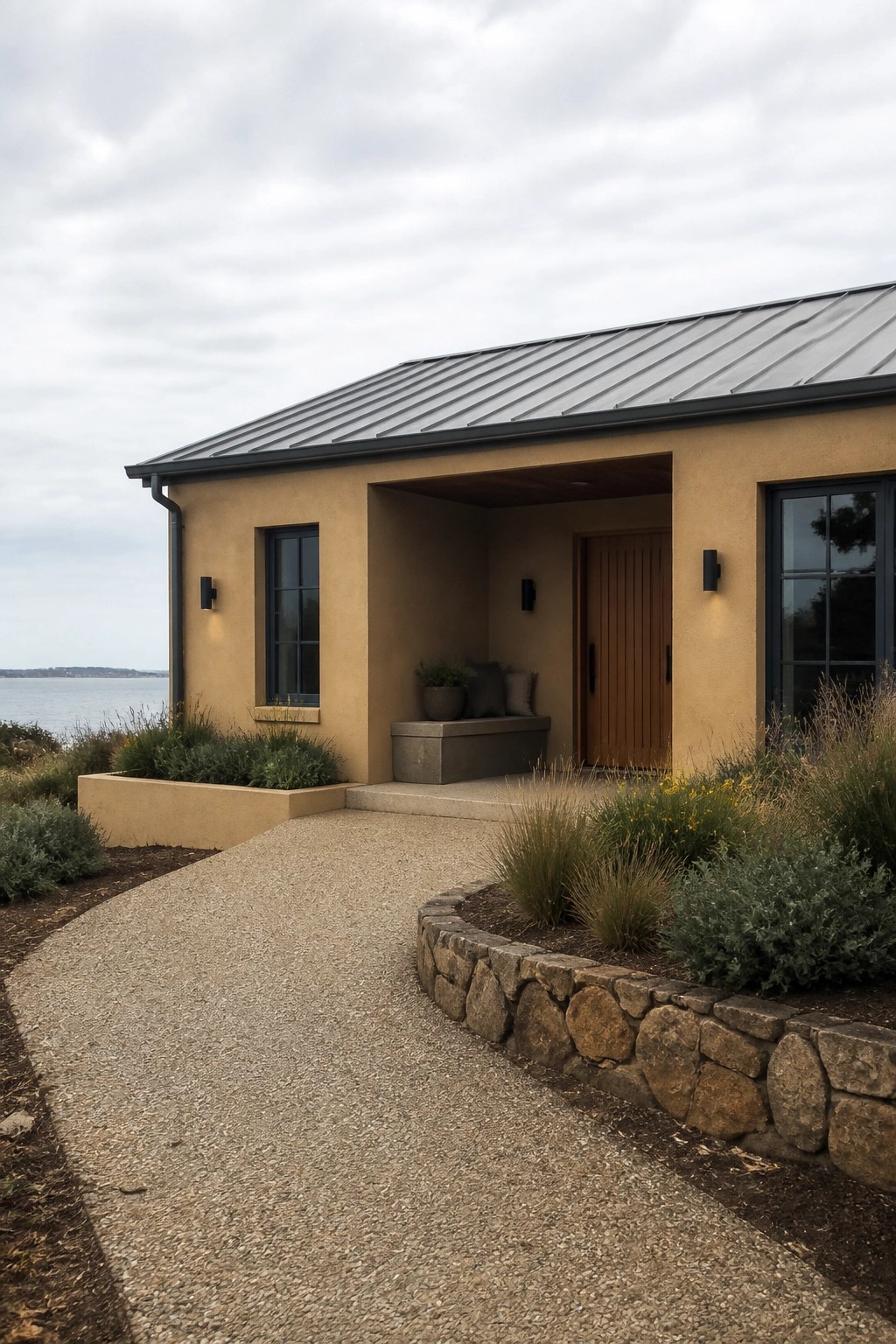 Warm beige stucco walls on a house exterior next to a low stone wall and gravel path.