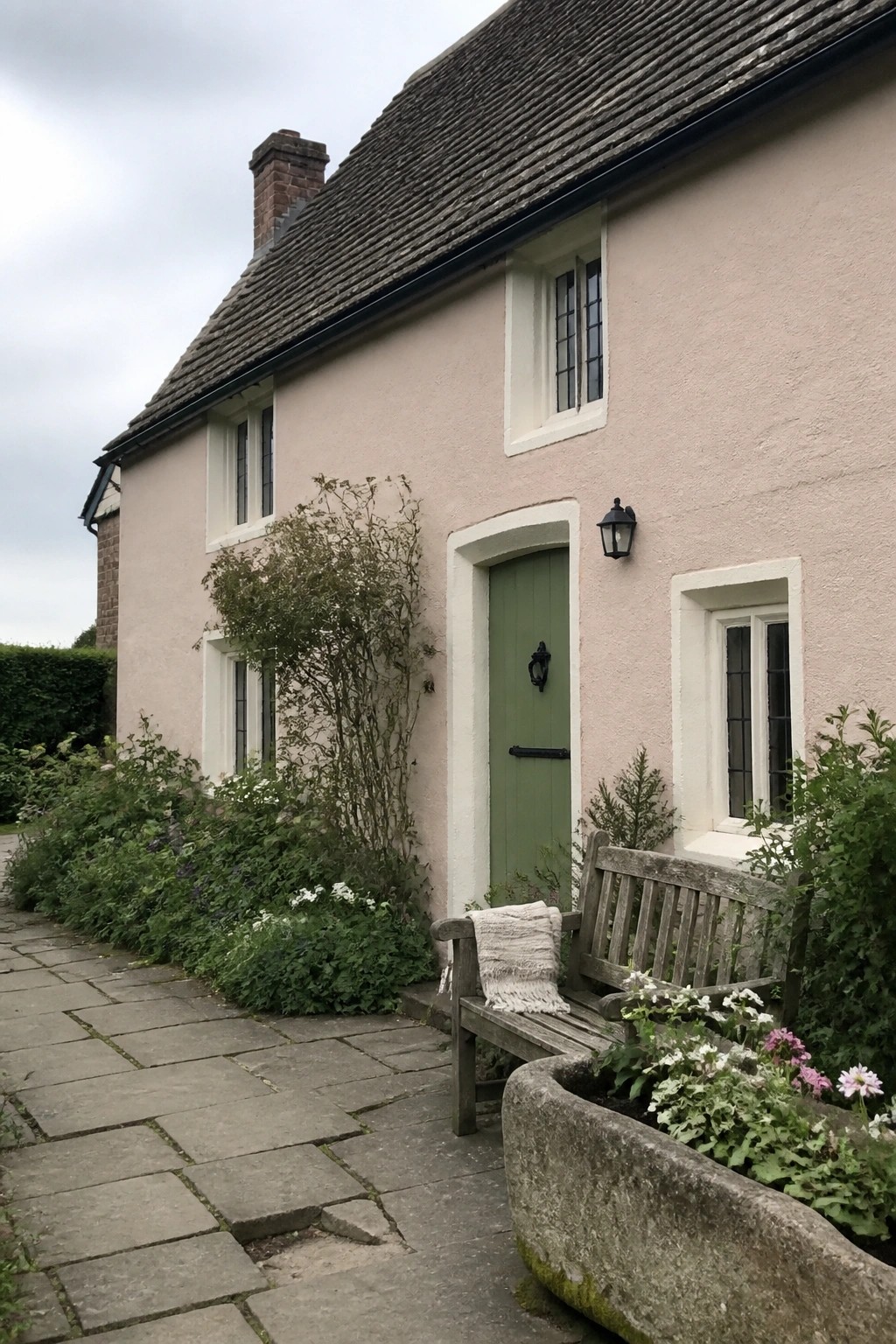 A pale warm beige house exterior with white trim, green door, and stone path.