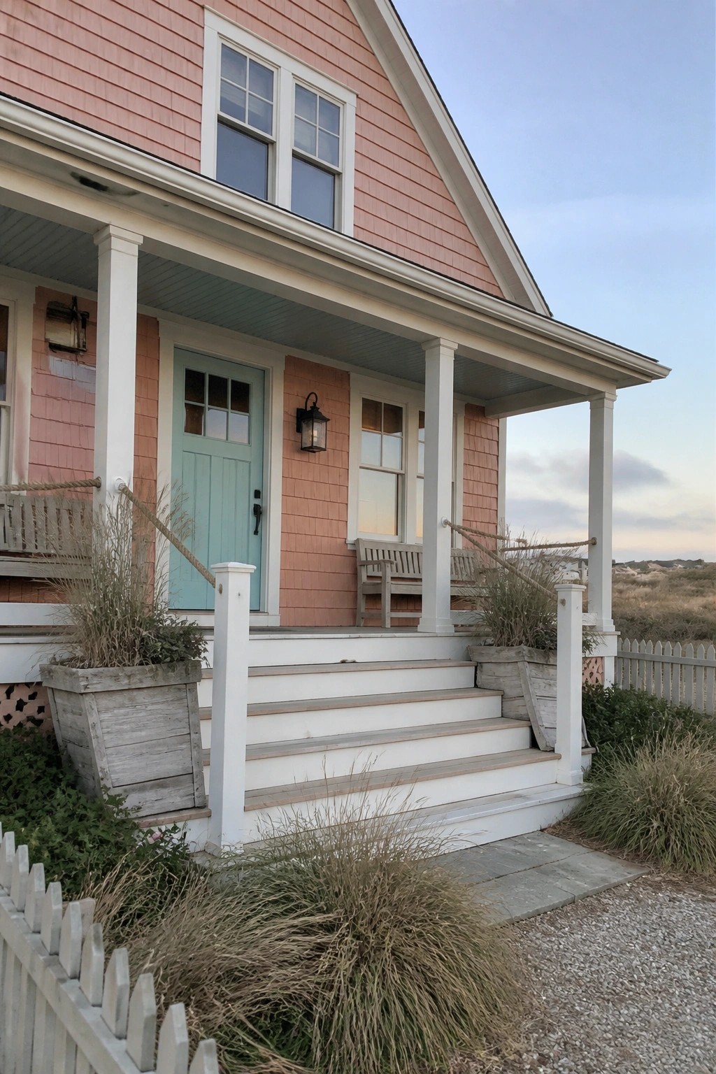 A house exterior with warm coral wood siding and white porch trim.