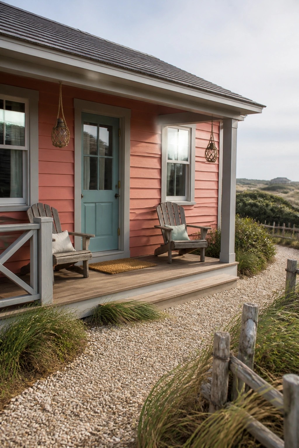 Pink cottage with turquoise door, wooden Adirondack chairs on porch by gravel path.