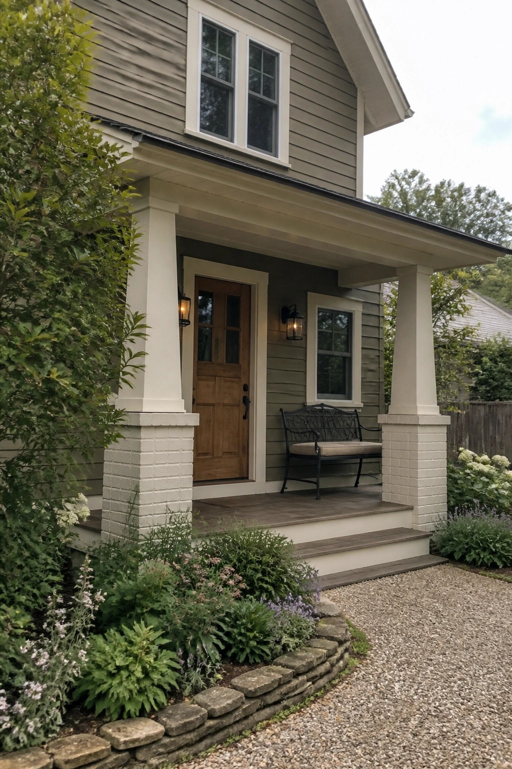 Gray house porch with wooden door, black bench, white columns, and garden.