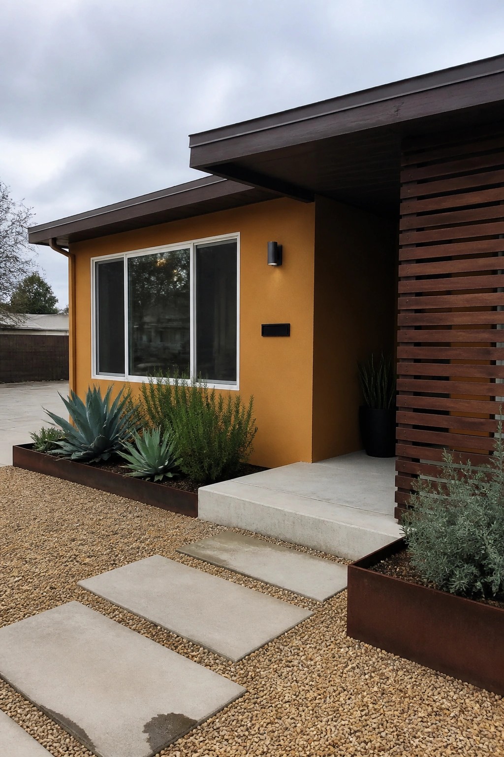 A modern house exterior painted in warm ochre yellow beside dark wood slats and concrete steps.