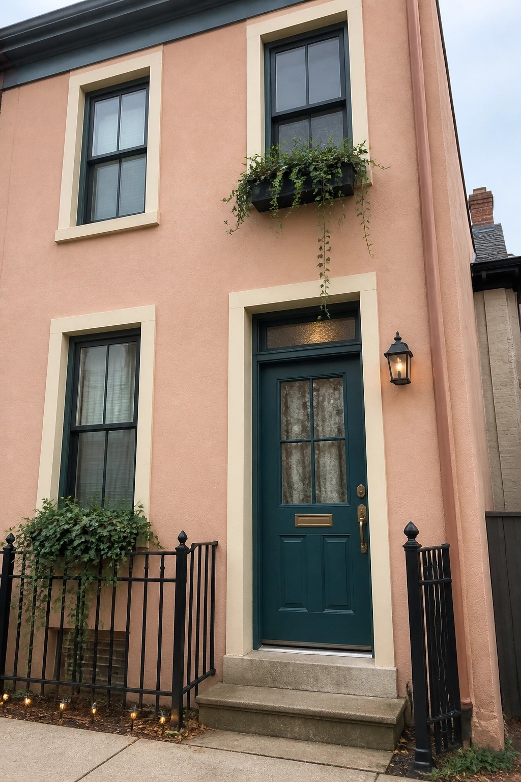 Peach townhouse facade with teal door, hanging plants, black fence, and stone steps.