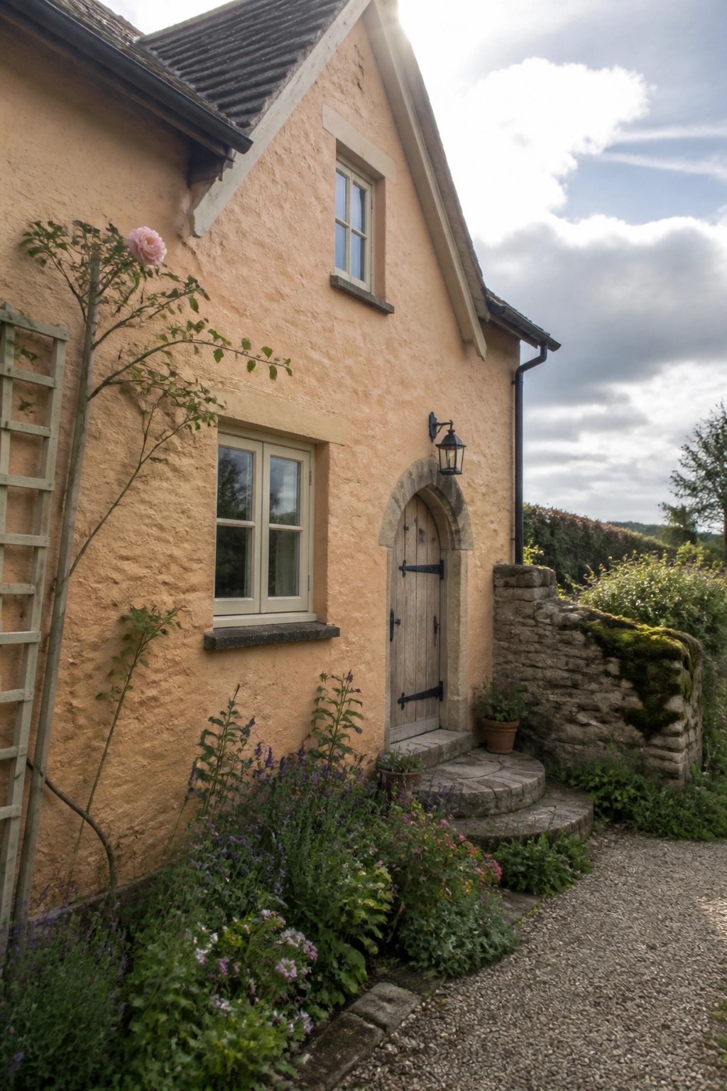 A warm peach stucco house exterior next to a stone wall and wooden door.