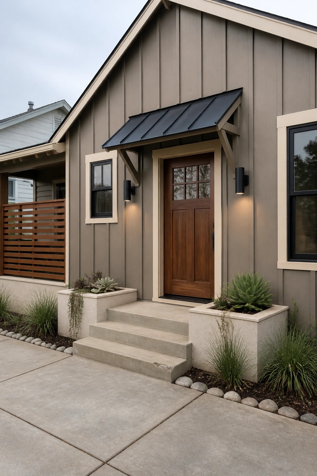 House exterior with warm taupe siding, wooden front door, and concrete steps.