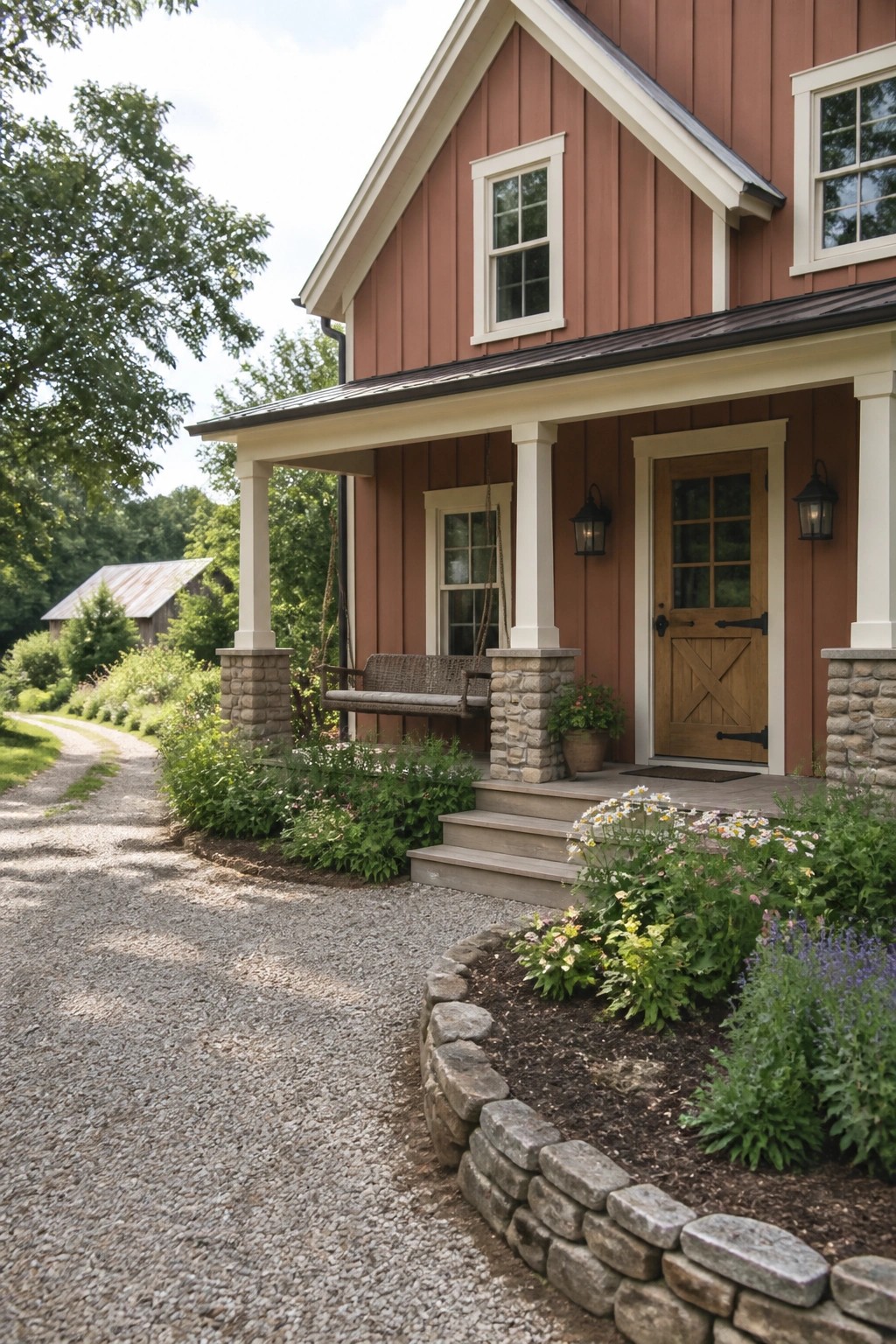 House exterior with warm terracotta red siding and stone porch pillars.