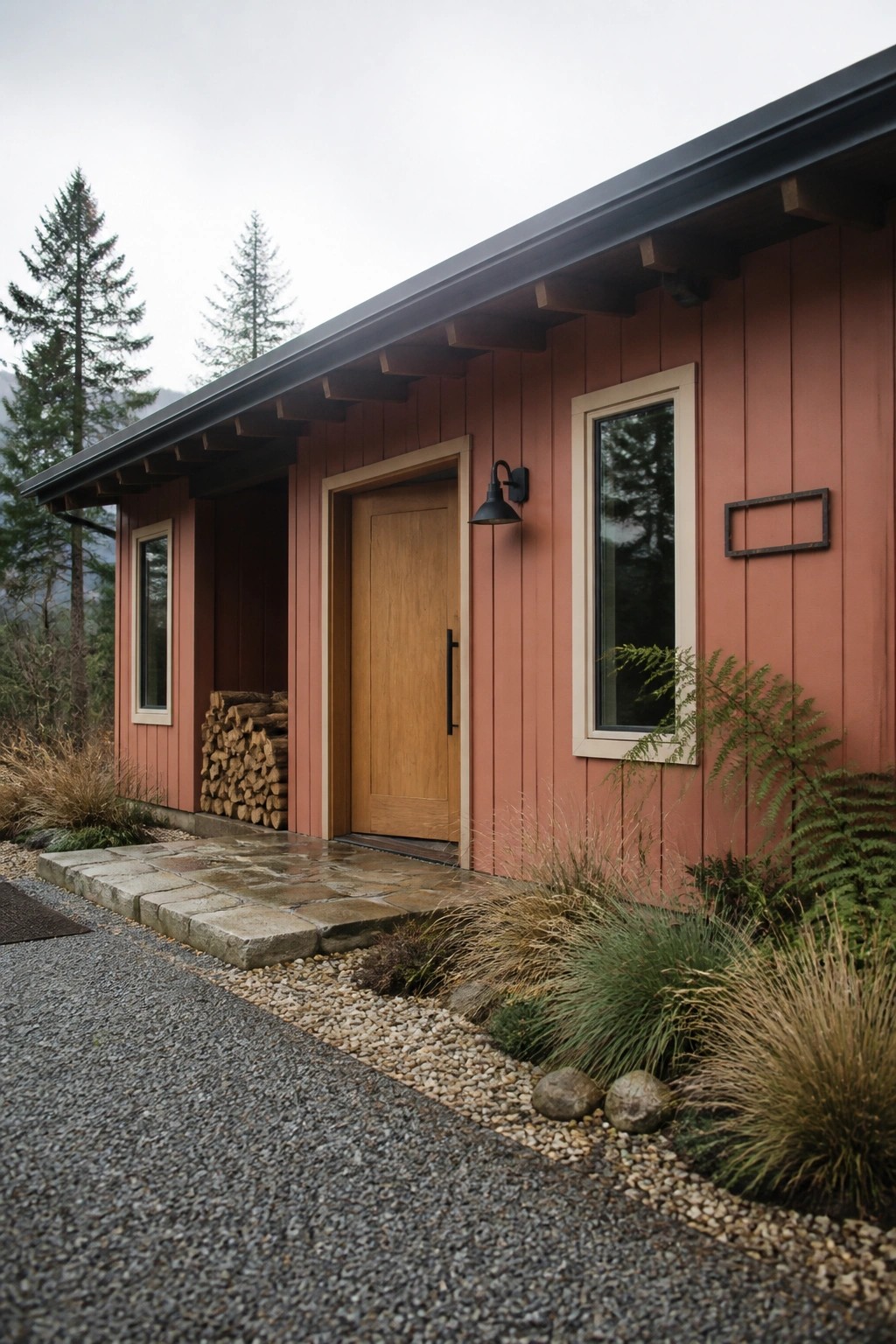 Warm terracotta siding on a house exterior with a wood door and stone path.