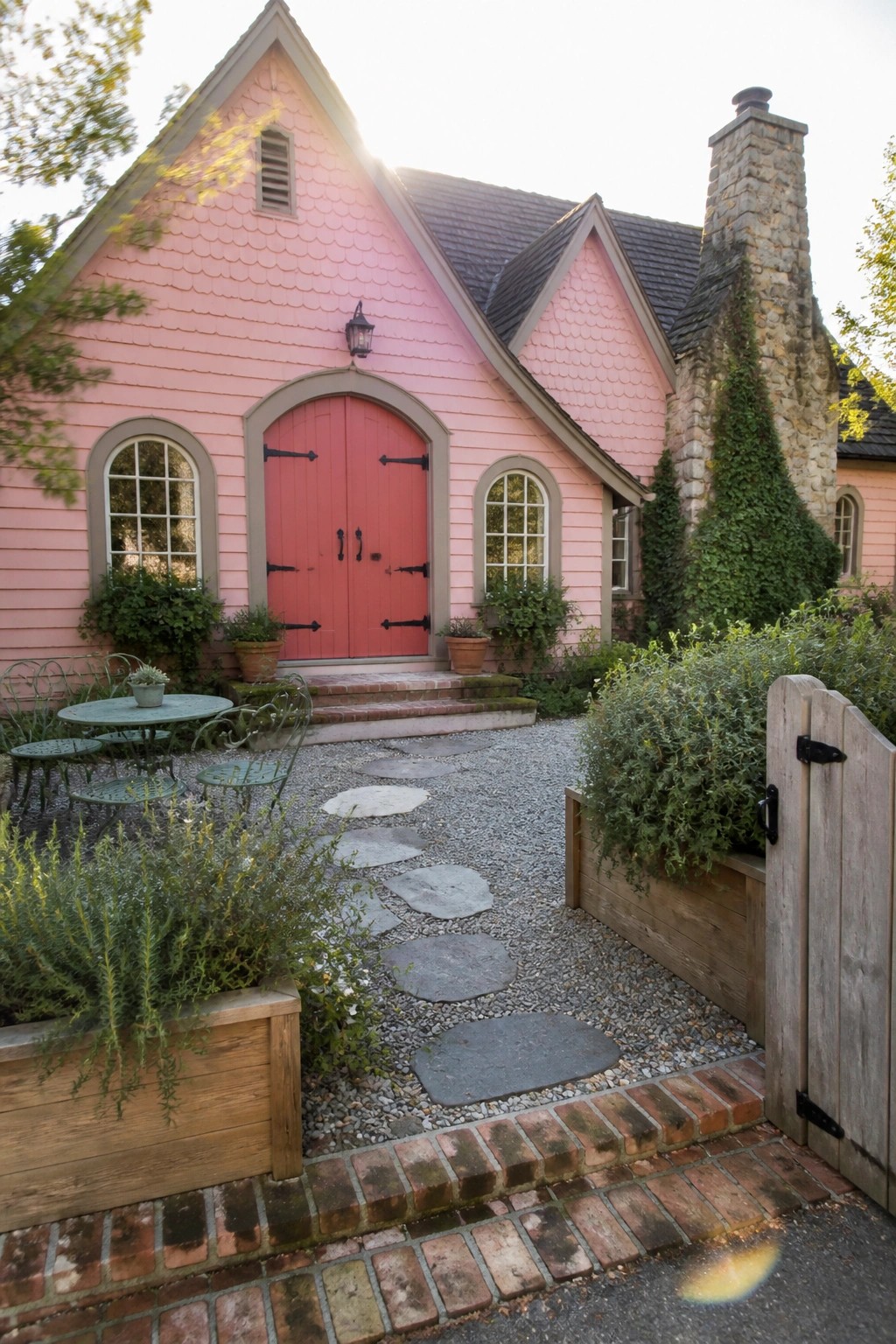 Pink cottage with red double doors, gravel path, stone chimney, wooden gate and garden.