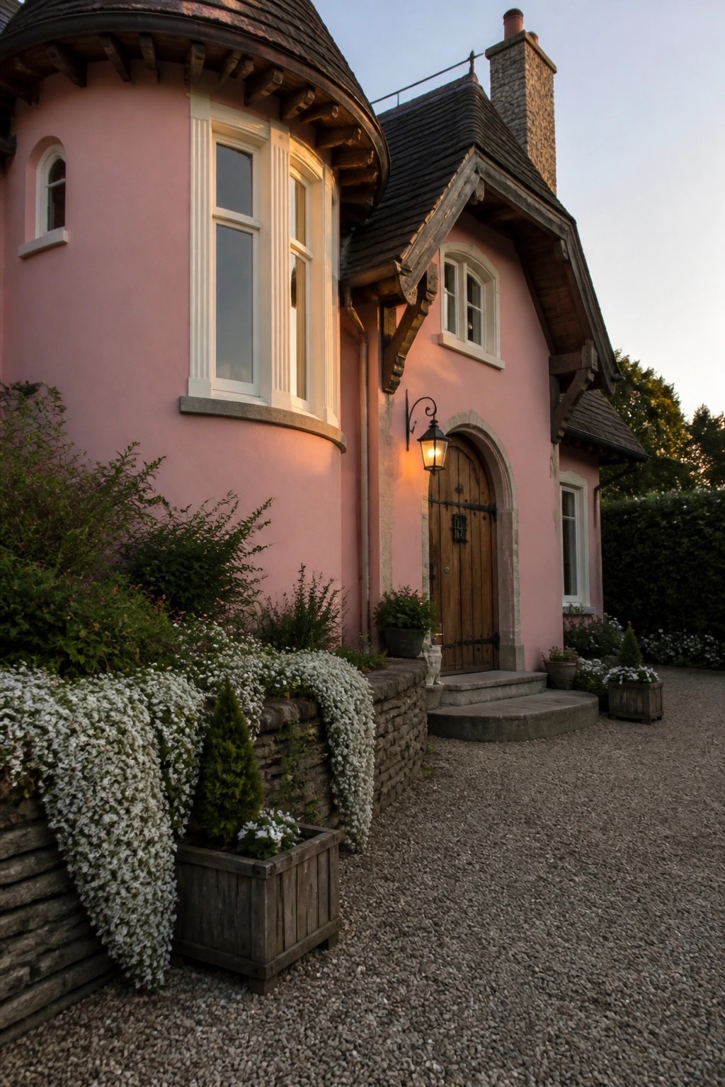 A pink cottage exterior featuring a rounded bay window section, an arched wooden entry door, and a gravel path bordered by stone walls and white flowers.