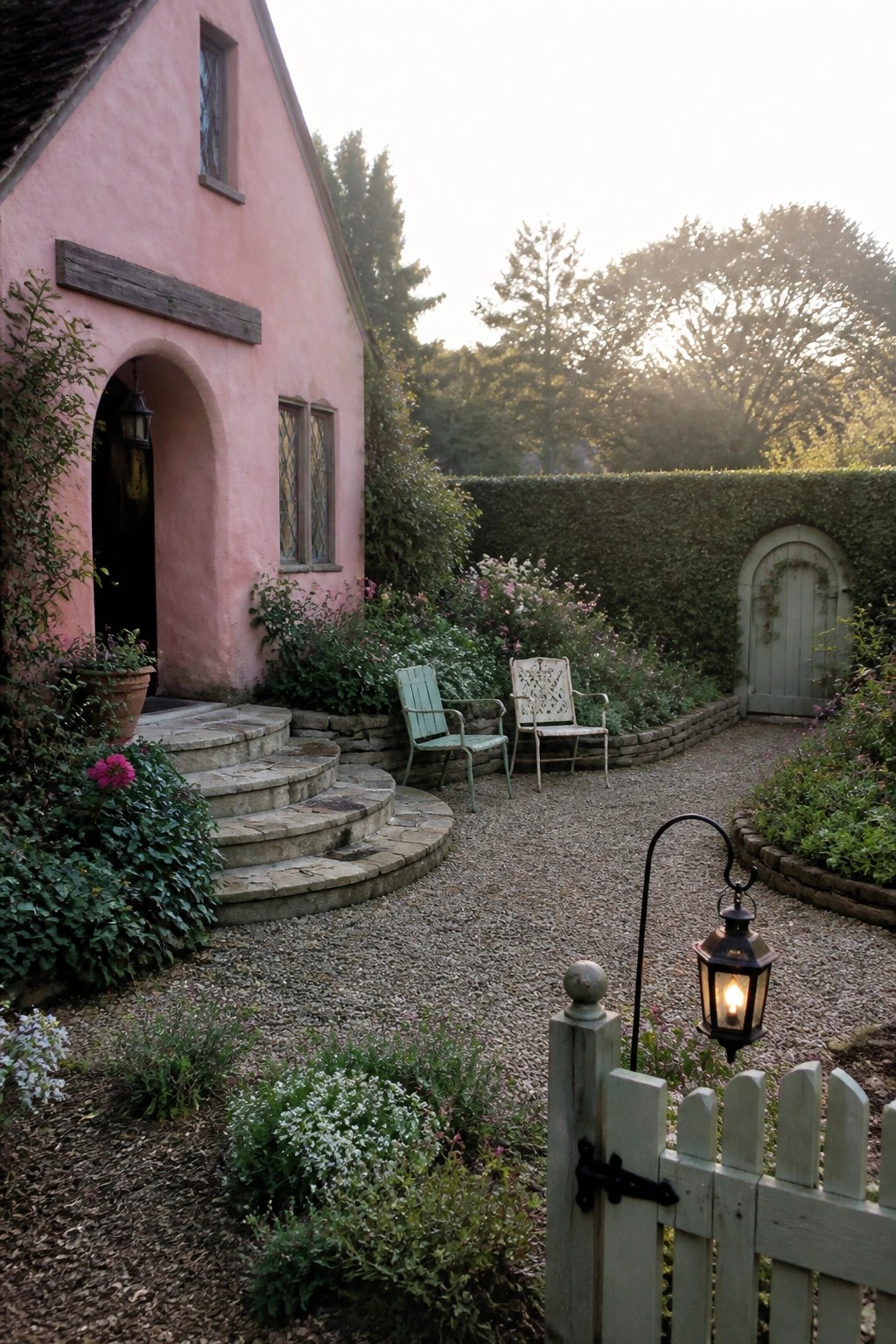 A pink cottage exterior with an arched doorway, stone steps, two metal chairs on gravel, and a wooden gate in a garden setting.