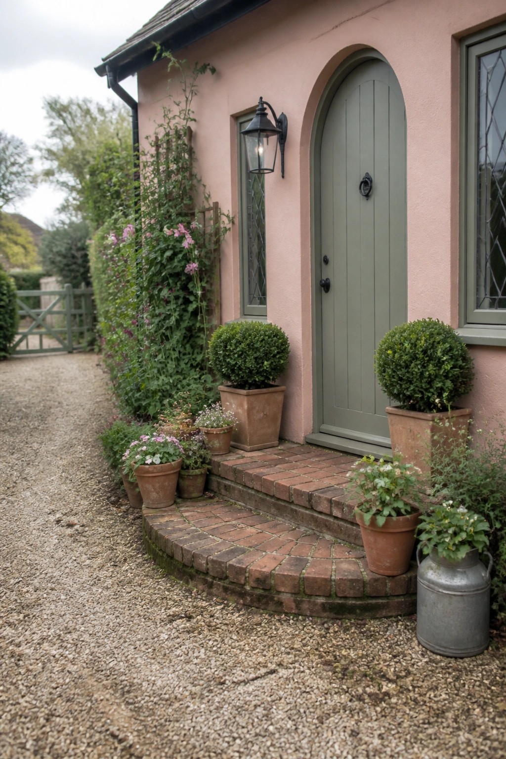 Pink cottage with green arched door, potted plants on brick steps.