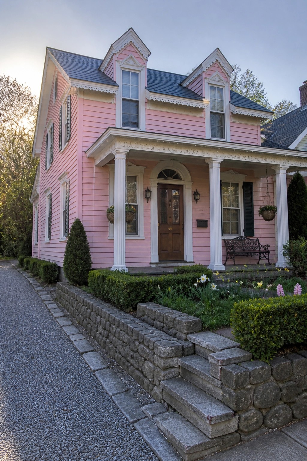 A two-story pink house with white trim, a front porch supported by columns, and a stone retaining wall along the front.