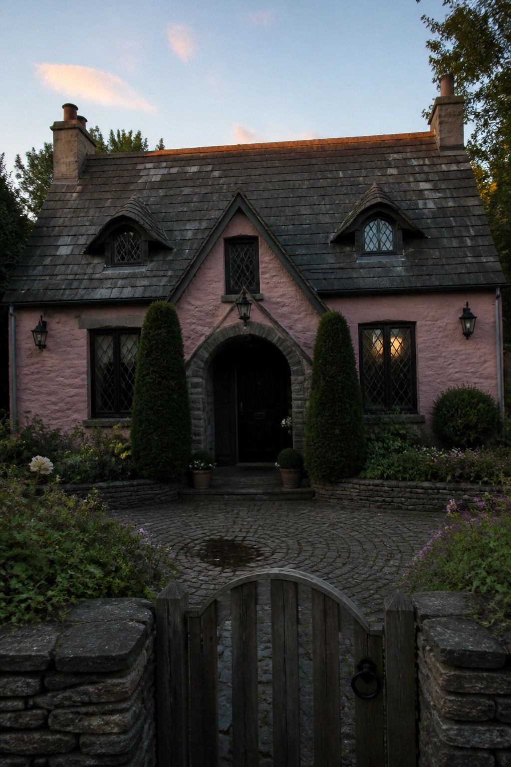 A pink stucco cottage with a dark slate roof and a prominent stone arched entryway centered on a dark wooden door, with diamond-paned windows and conical shrubs on either side.
