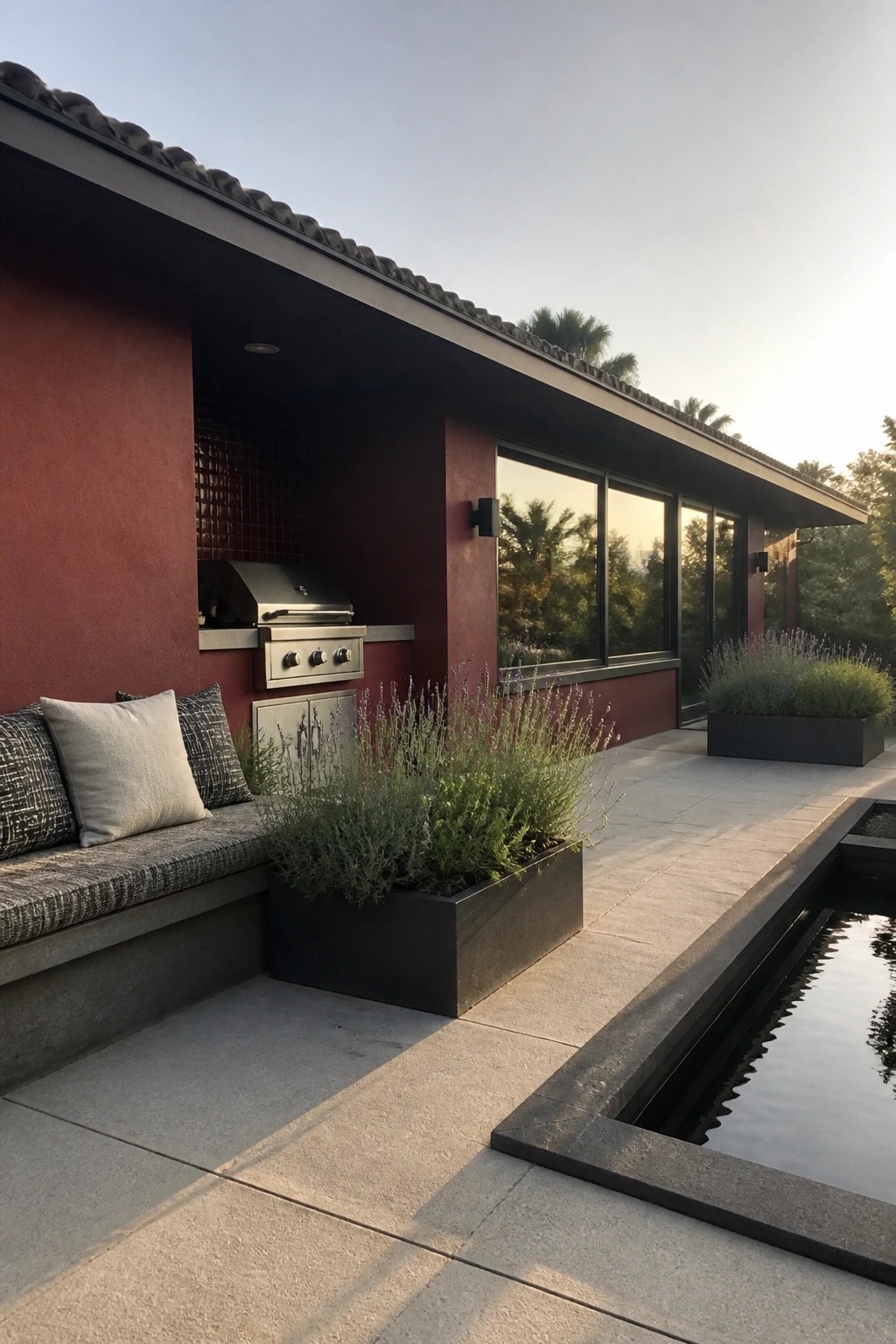 A red house exterior with a built-in stainless steel grill, adjacent concrete bench with cushions, black planters, and a narrow pool along the patio.