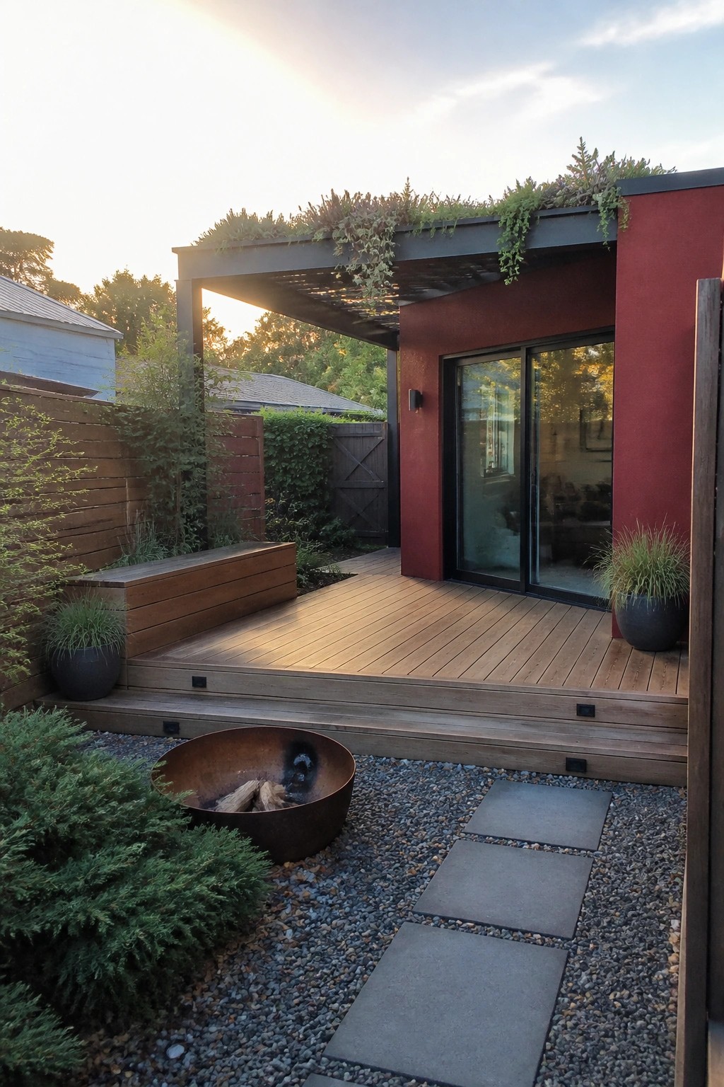 Modern red house with a wooden deck, black-framed glass doors, a metal pergola with vines, and a gravel area featuring a round fire pit and stone pavers.