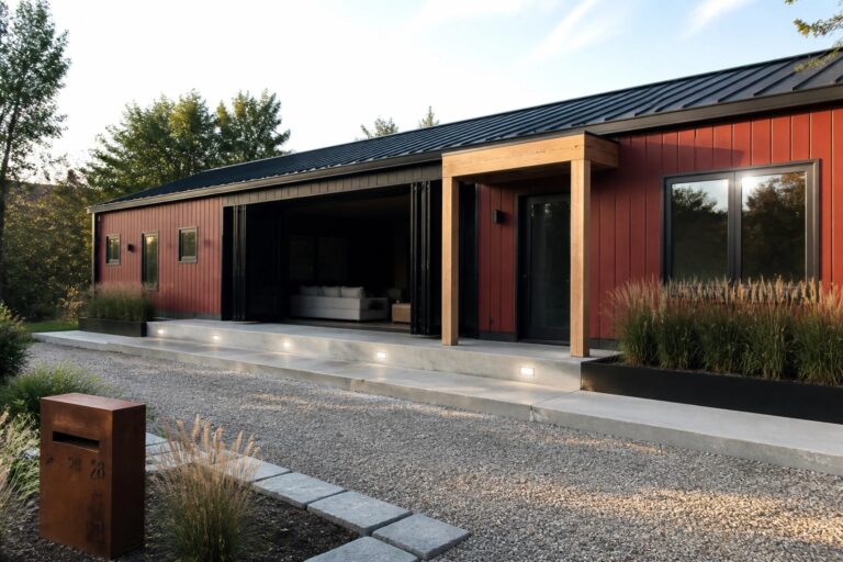 19 Fresh Red House Exteriors for Contemporary Homes with Clean Lines A modern single-story house with red vertical metal siding, black trim and roof, wood entry overhang, concrete steps, and gravel driveway.