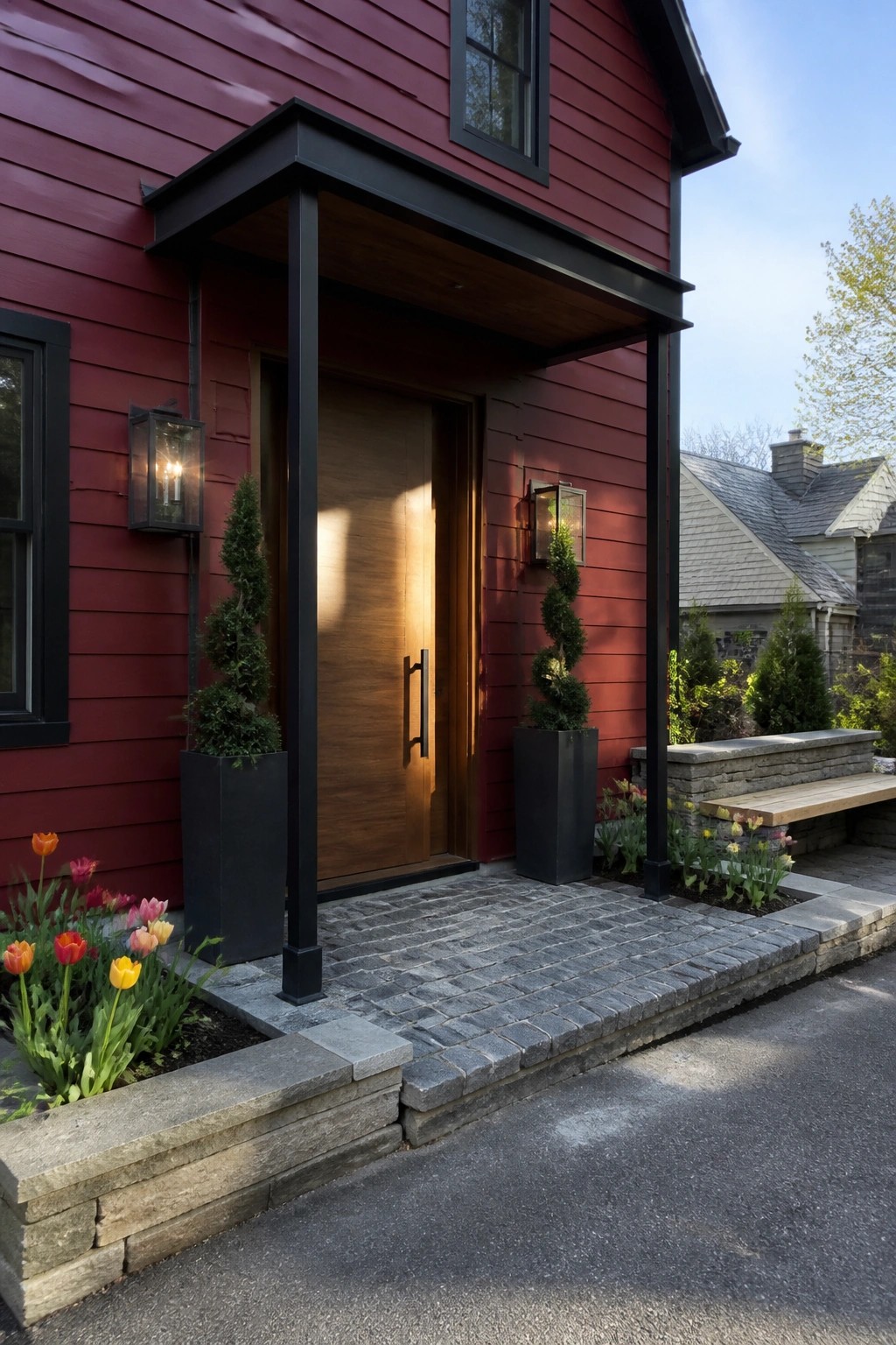 Red house exterior with a black metal canopy over a wooden front door, two tall planters with spiral shrubs, and colorful tulips along a stone path.