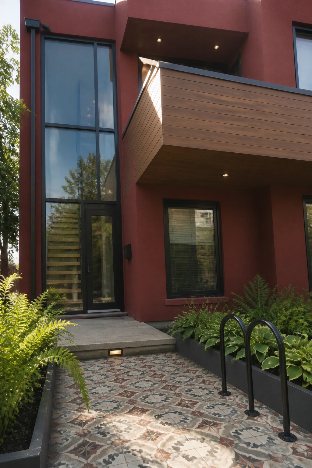 A contemporary red house exterior featuring a tall black-framed window next to the front door, a wooden balcony overhang, and a patterned tile path with metal railings.