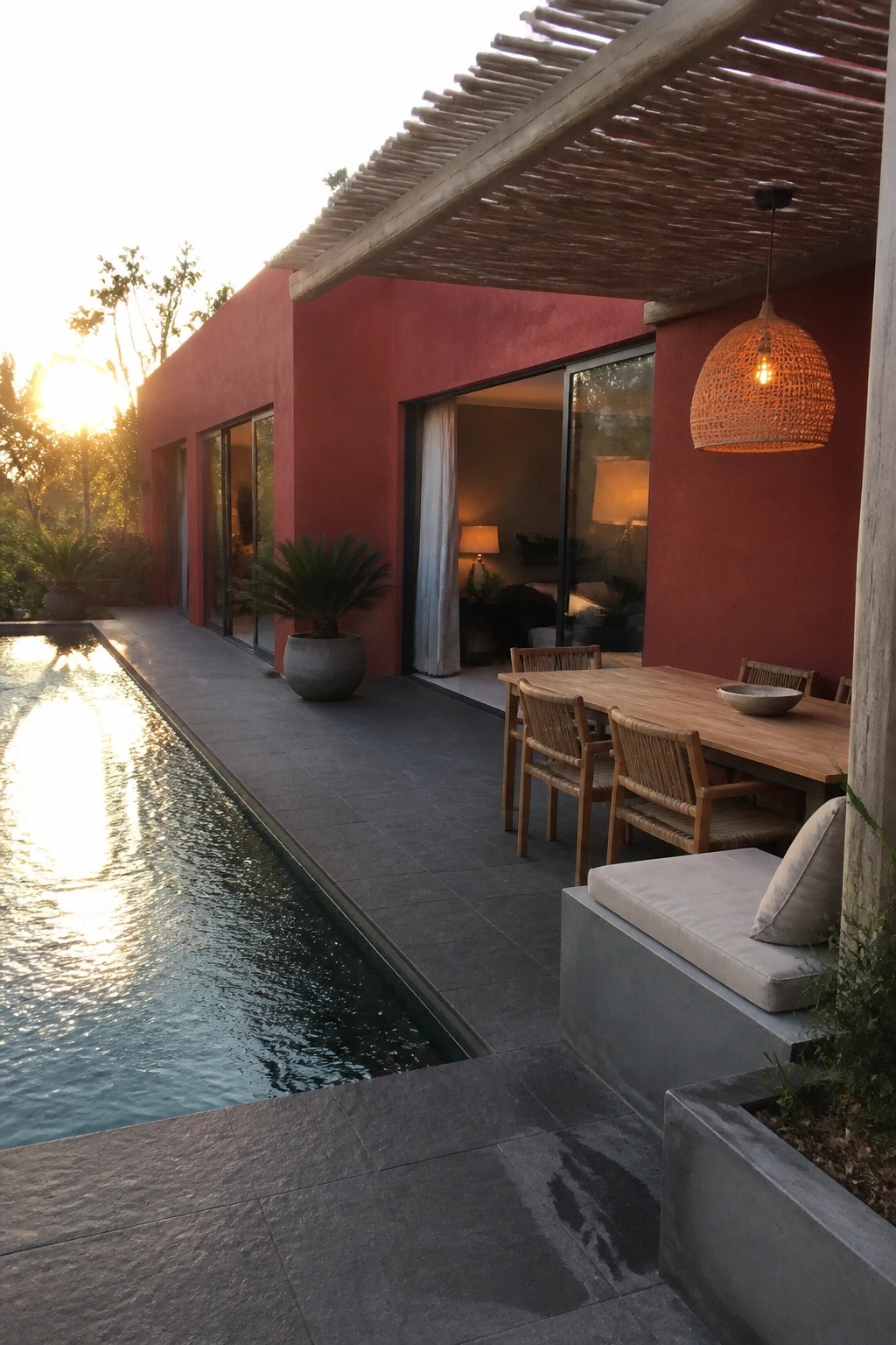 A red stucco house exterior with large sliding glass doors, a wooden pergola overhead, a long pool along the patio, and a dining table with woven chairs.