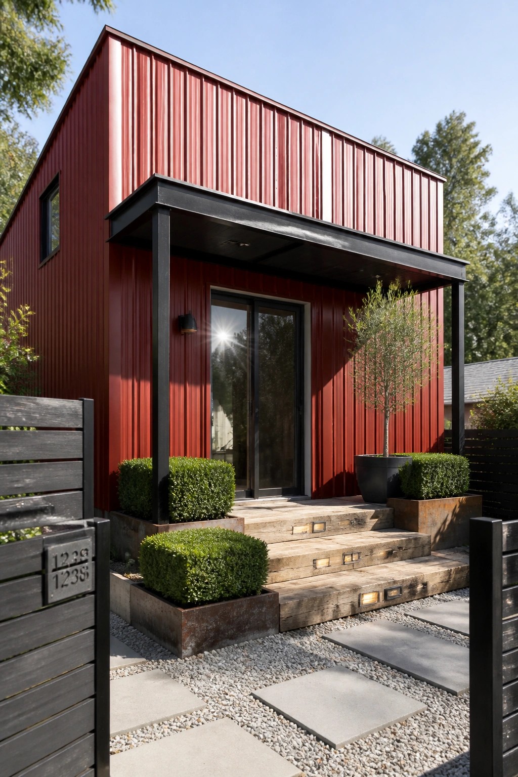 Modern red metal house with black overhang, wooden steps, planters, and gravel path.