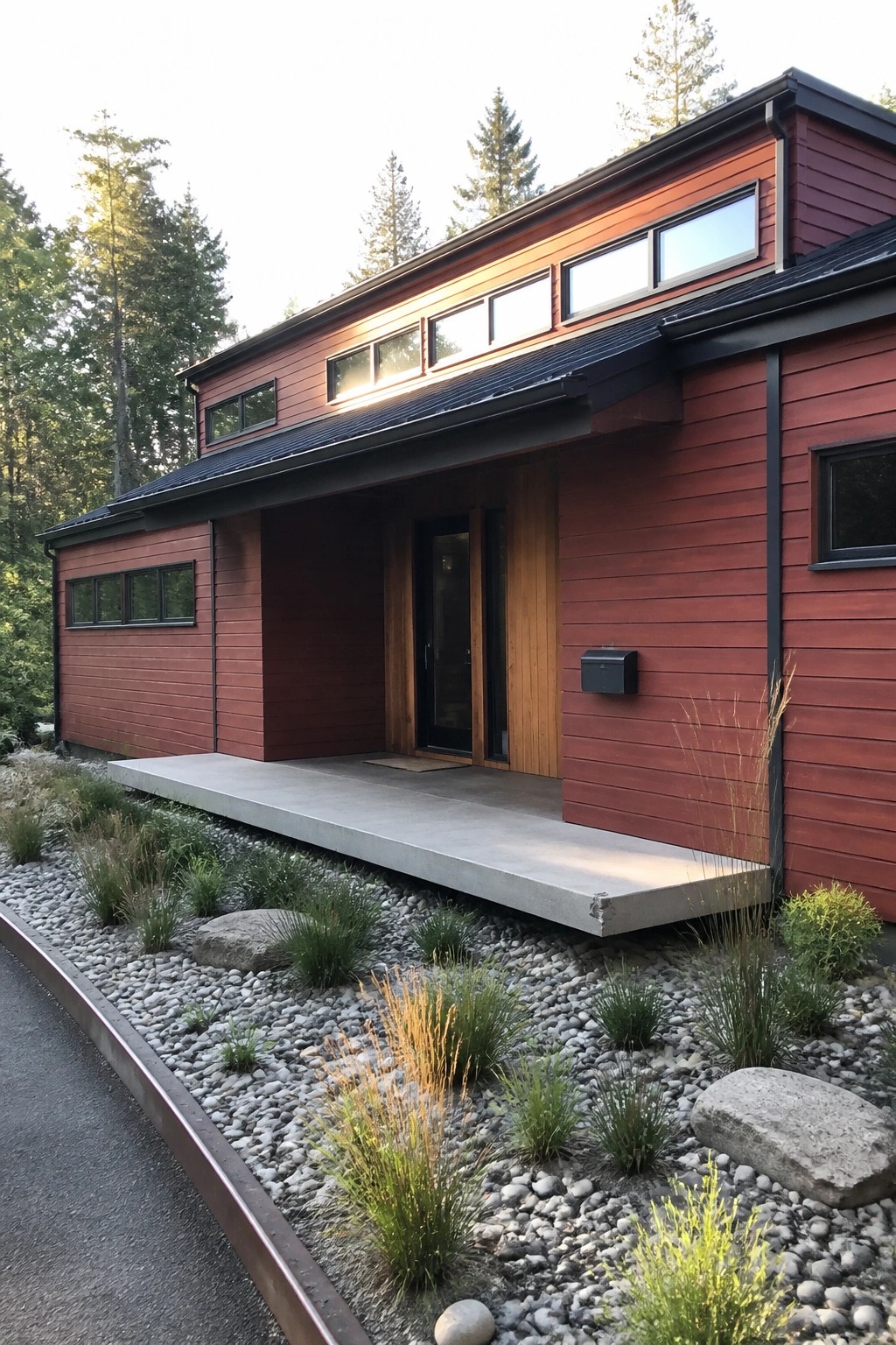 Modern red house exterior with horizontal siding, black trim, wood entry details, and a concrete front platform.