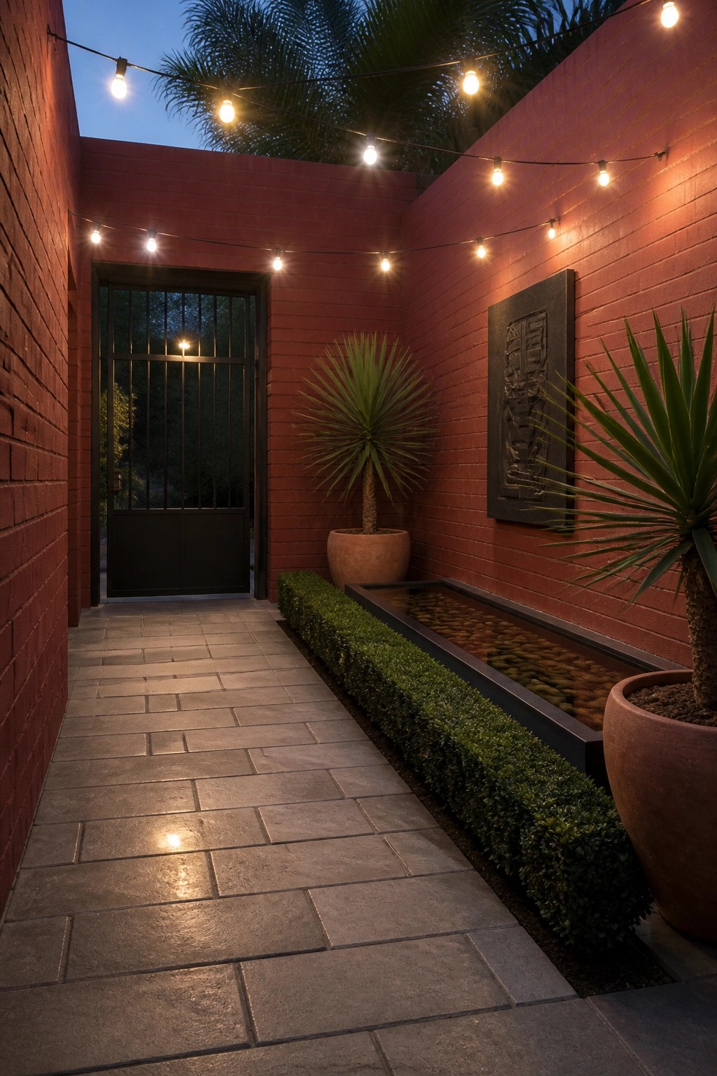 Red brick courtyard walkway with string lights, water feature, potted yuccas, and wall art at night.