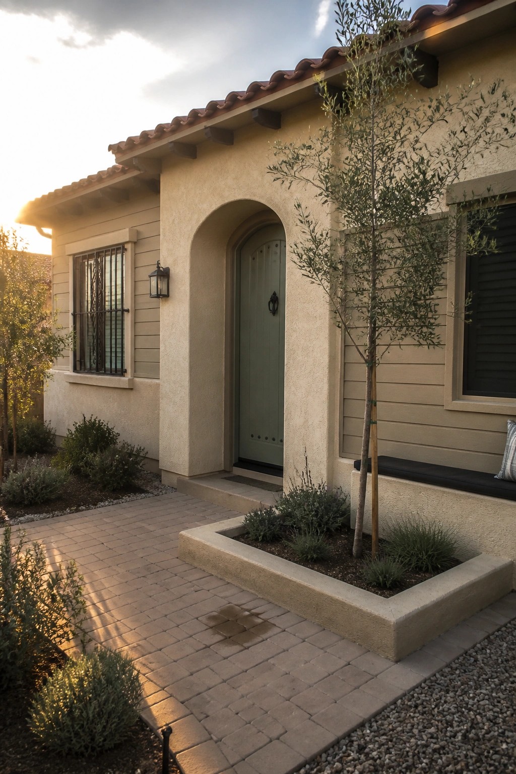 A beige house exterior with horizontal siding shows an arched entry around a light green door, a small raised planter with a young tree, and a paved walkway.