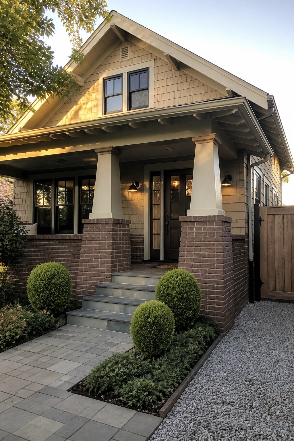 A suburban house with beige shingle siding, a front porch supported by white columns on brick bases, gray stone steps, and dark-framed windows.