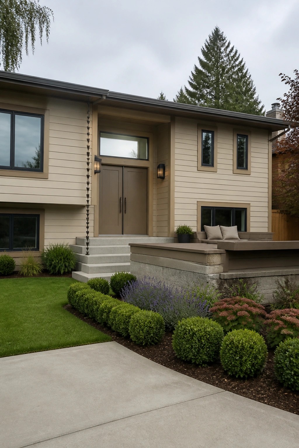A two-story suburban house with beige horizontal siding, brown double front doors, concrete steps, and a mix of green shrubs and flowering plants along the front.