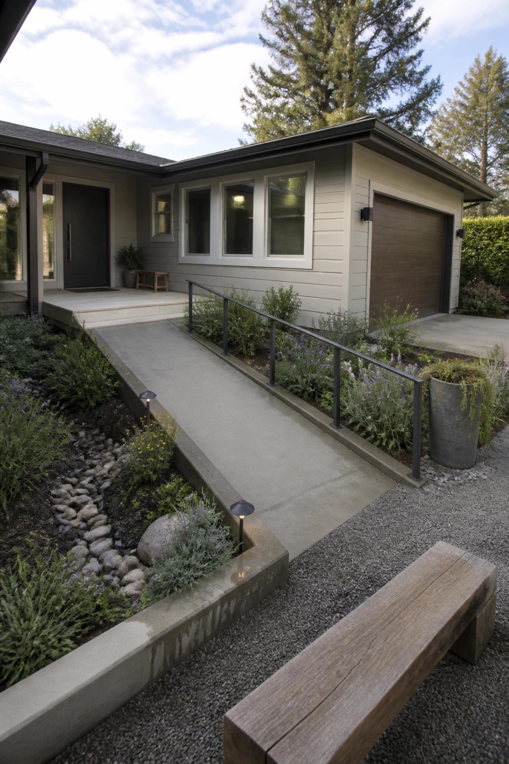 A single-story suburban home with light beige horizontal siding, a dark front door, and a concrete walkway bordered by gravel and low shrubs.