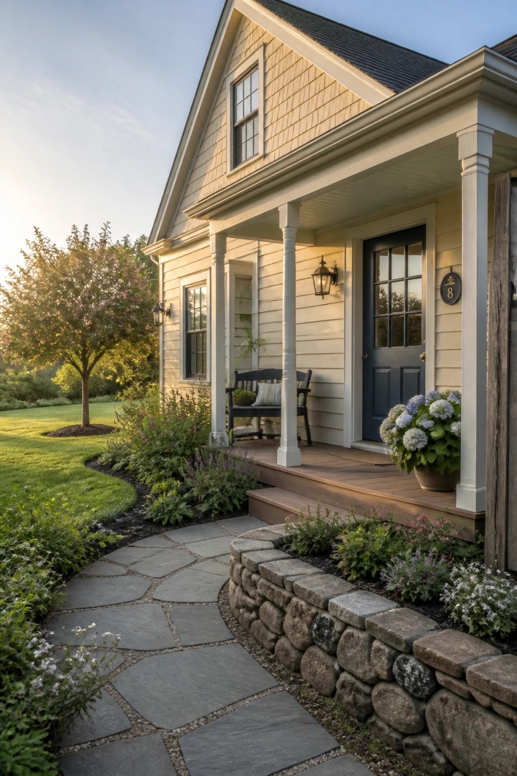A beige house with white trim, a dark blue front door, a covered porch, and a stone pathway bordered by low plants.