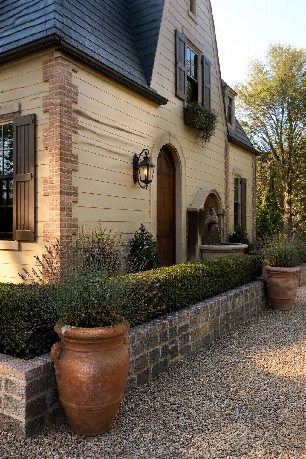 Beige house with arched wooden door, stone fountain, and terracotta pots amid hedges.