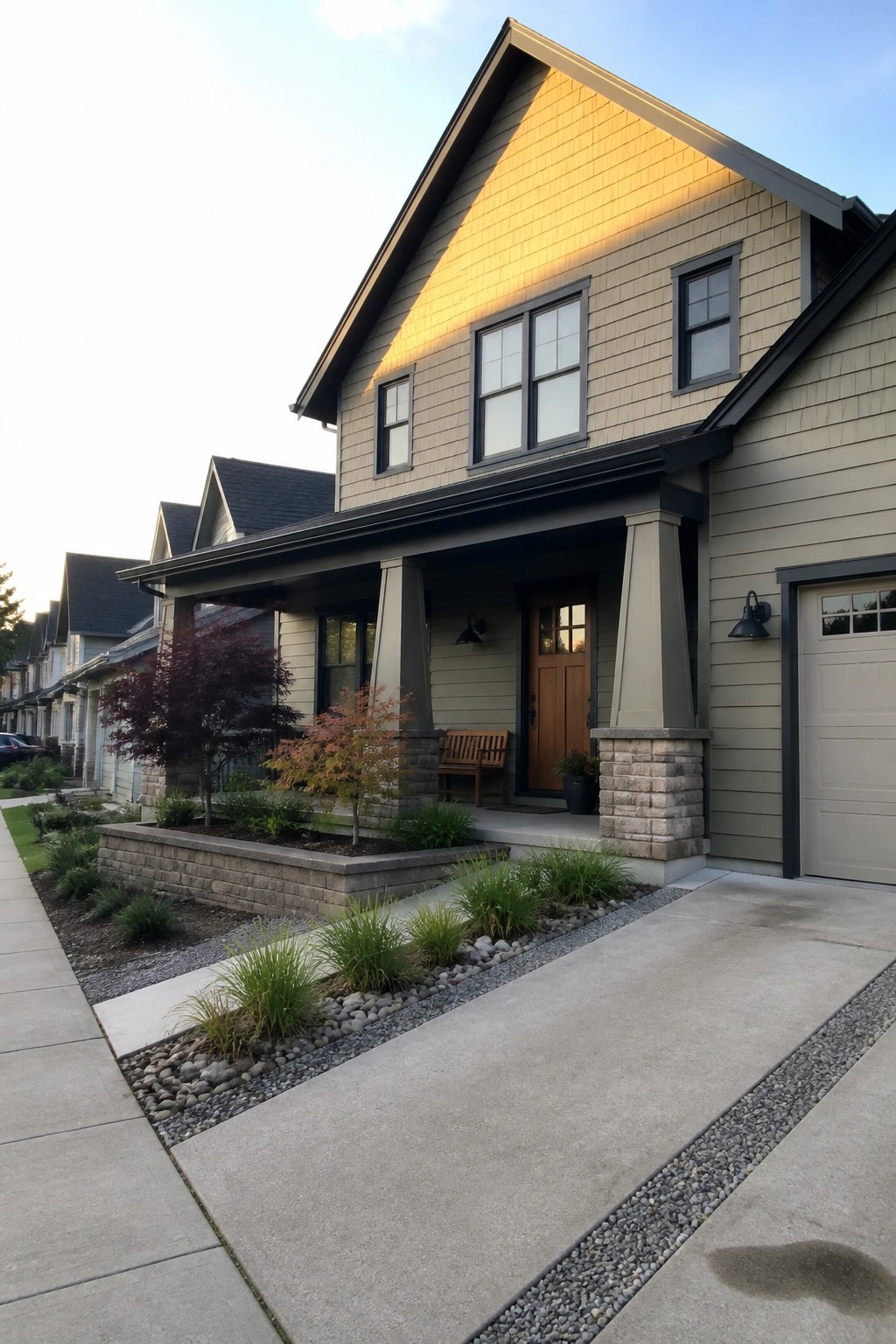 A two-story suburban house with beige siding, dark trim, a front porch with stone columns, and a concrete driveway.