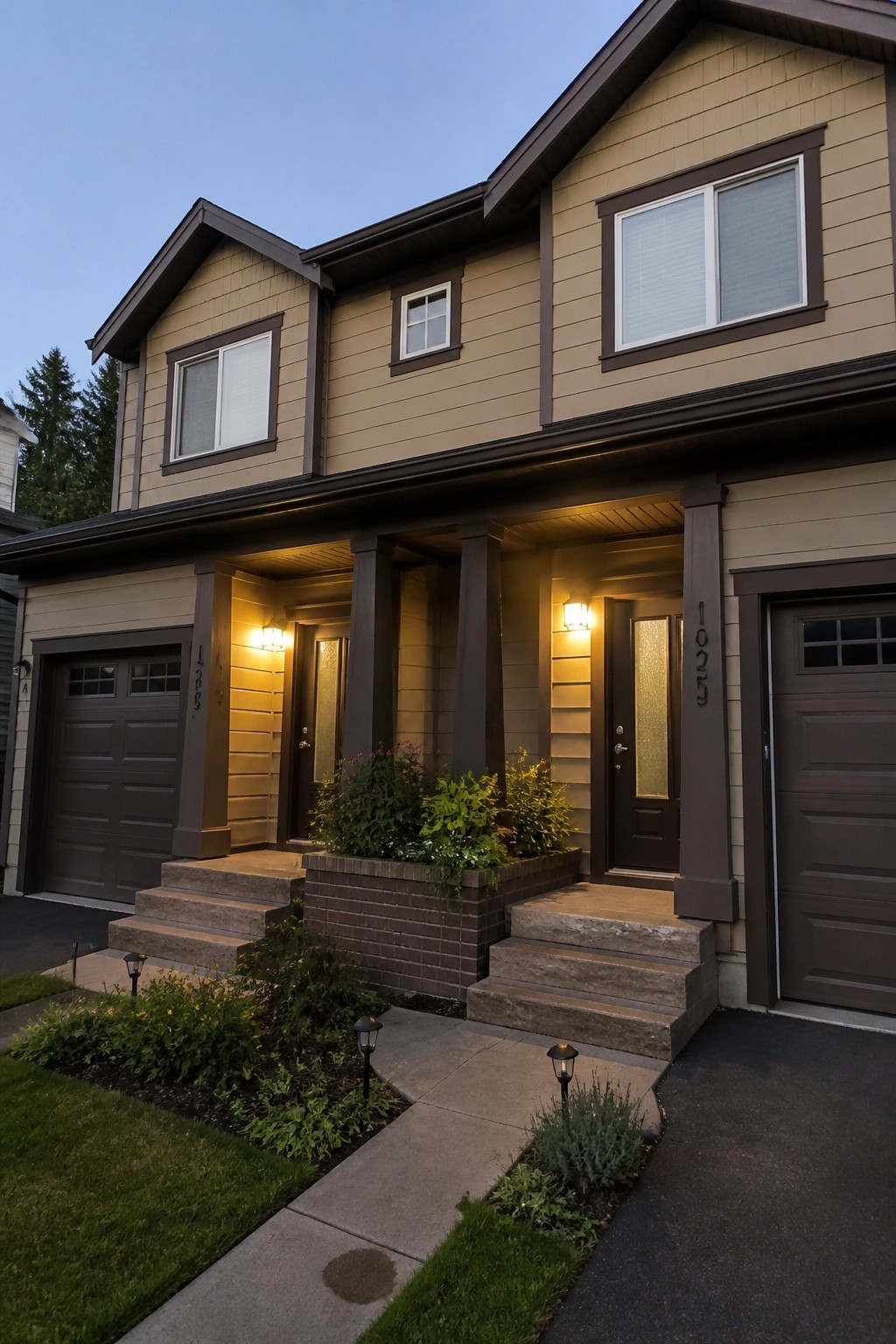 A two-story suburban duplex with beige siding, dark brown trim, two garages, and front porches with stone steps and small plant beds.