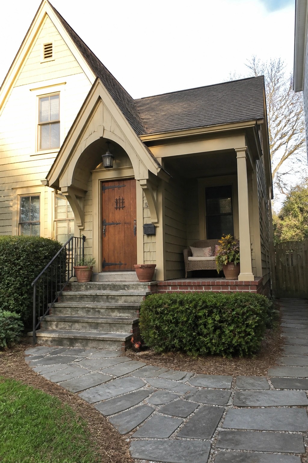 A beige-sided house with a gabled arched entry over a wooden door, stone steps, and a side porch with seating.