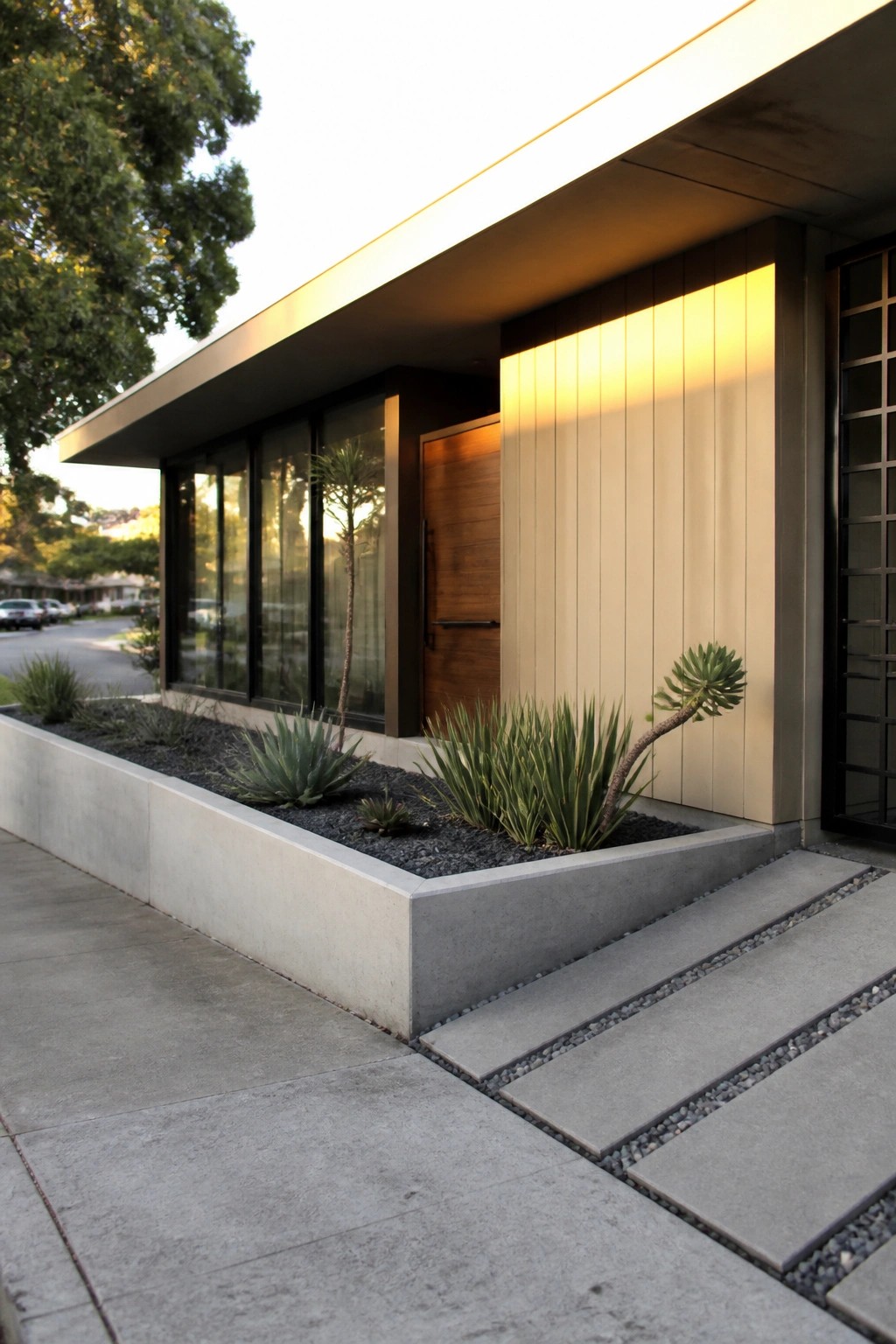 Modern suburban home exterior with vertical beige siding, wood door, black-framed windows, and a long concrete planter filled with dark gravel and drought-tolerant plants.